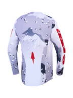 Maillot Alpinestars Racer Air Lone, motocross, vue de dos, camouflage gris et blanc avec accents rouges, mesh ventilé