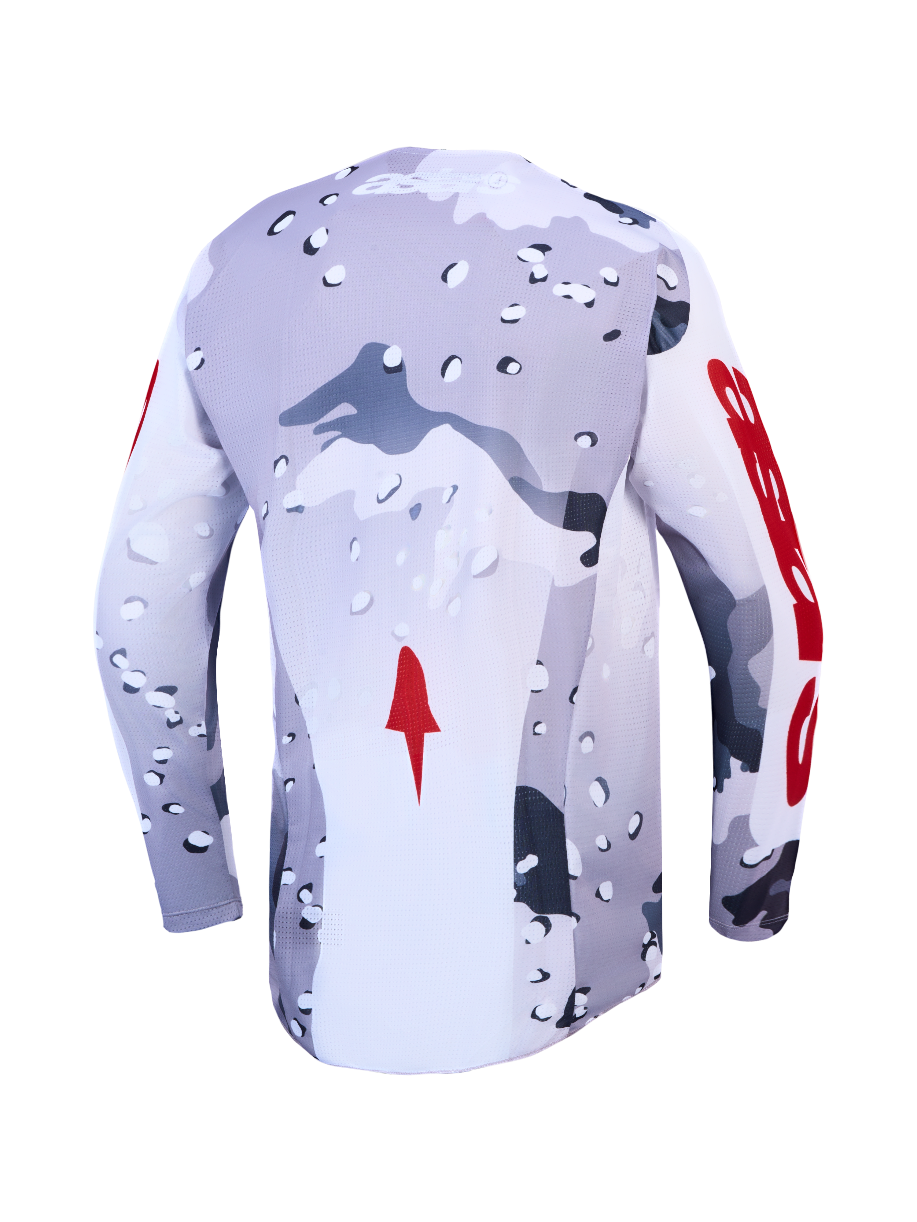 Maillot Alpinestars Racer Air Lone, motocross, vue de dos, camouflage gris et blanc avec accents rouges, mesh ventilé