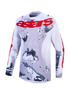 Alpinestars Racer Air Lone, maillot de motocross tout-terrain, motif camouflage gris et rouge, panneaux en mesh ventilé respirant, logo Astars rouge sur la poitrine et les manches