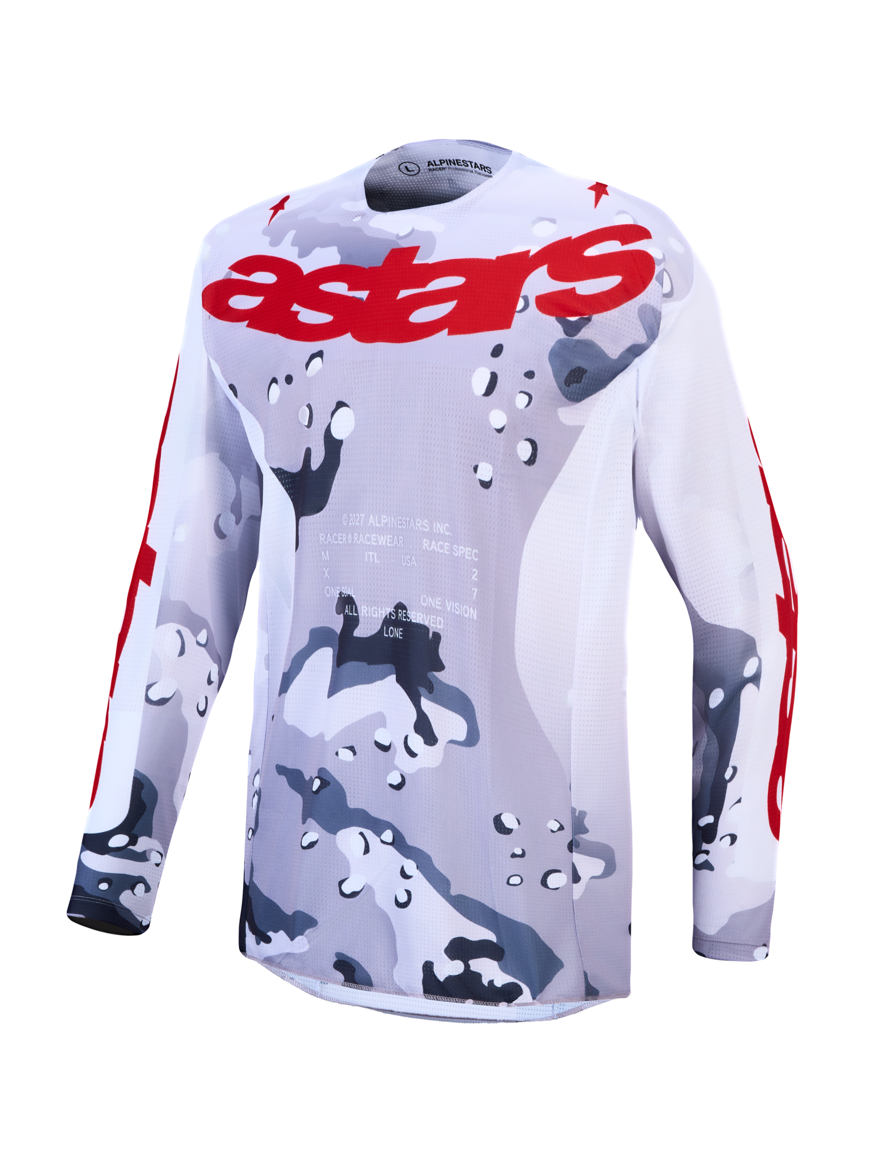 Alpinestars Racer Air Lone, maillot de motocross tout-terrain, motif camouflage gris et rouge, panneaux en mesh ventilé respirant, logo Astars rouge sur la poitrine et les manches