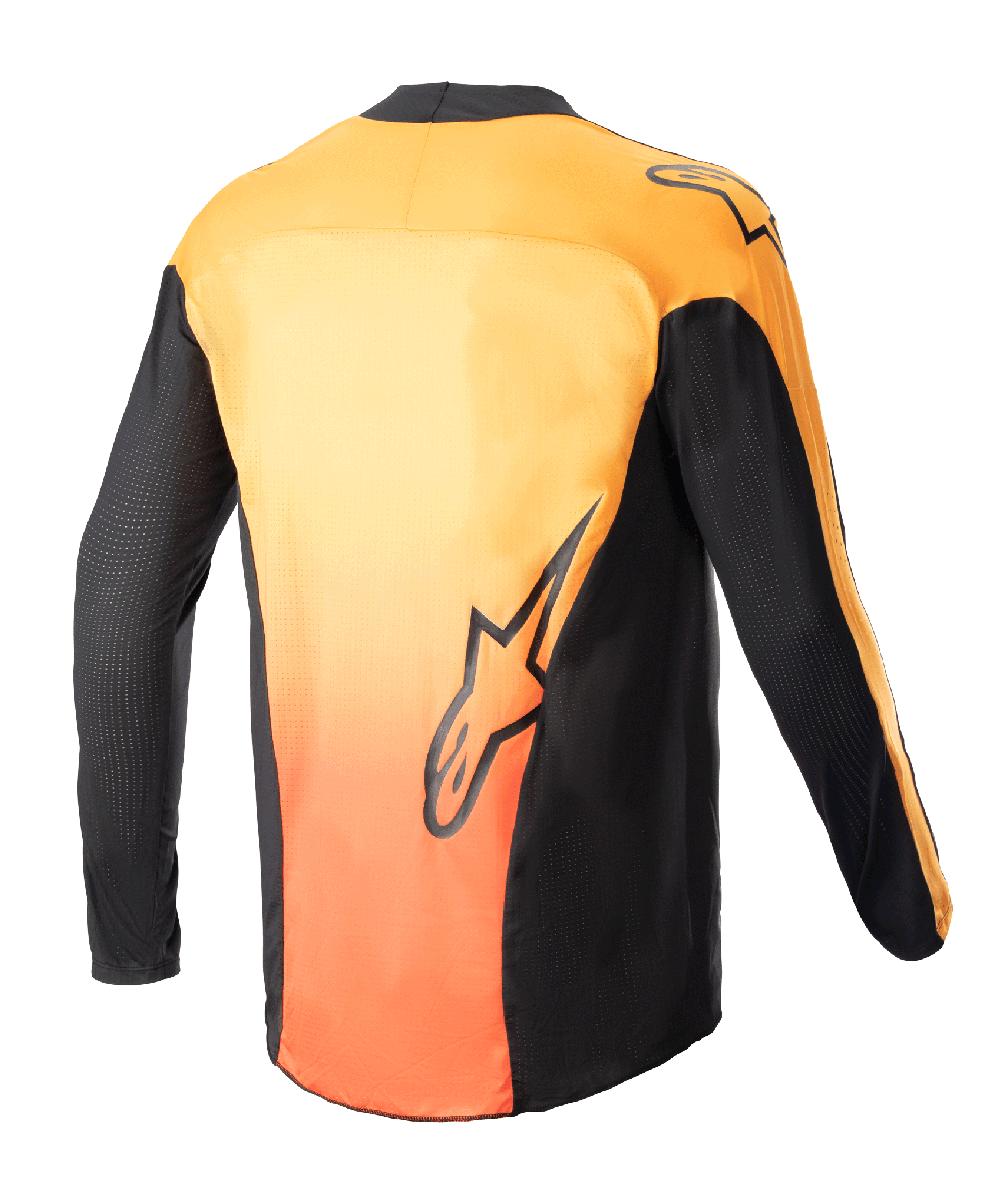 Maillot Alpinestars Techstar Sein 2023, maillot de motocross, noir et orange vif, vue arrière montrant un dos avec un dégradé orange éclatant, panneaux latéraux et manches noirs, logos Alpinestars sur le bas du dos et l'épaule