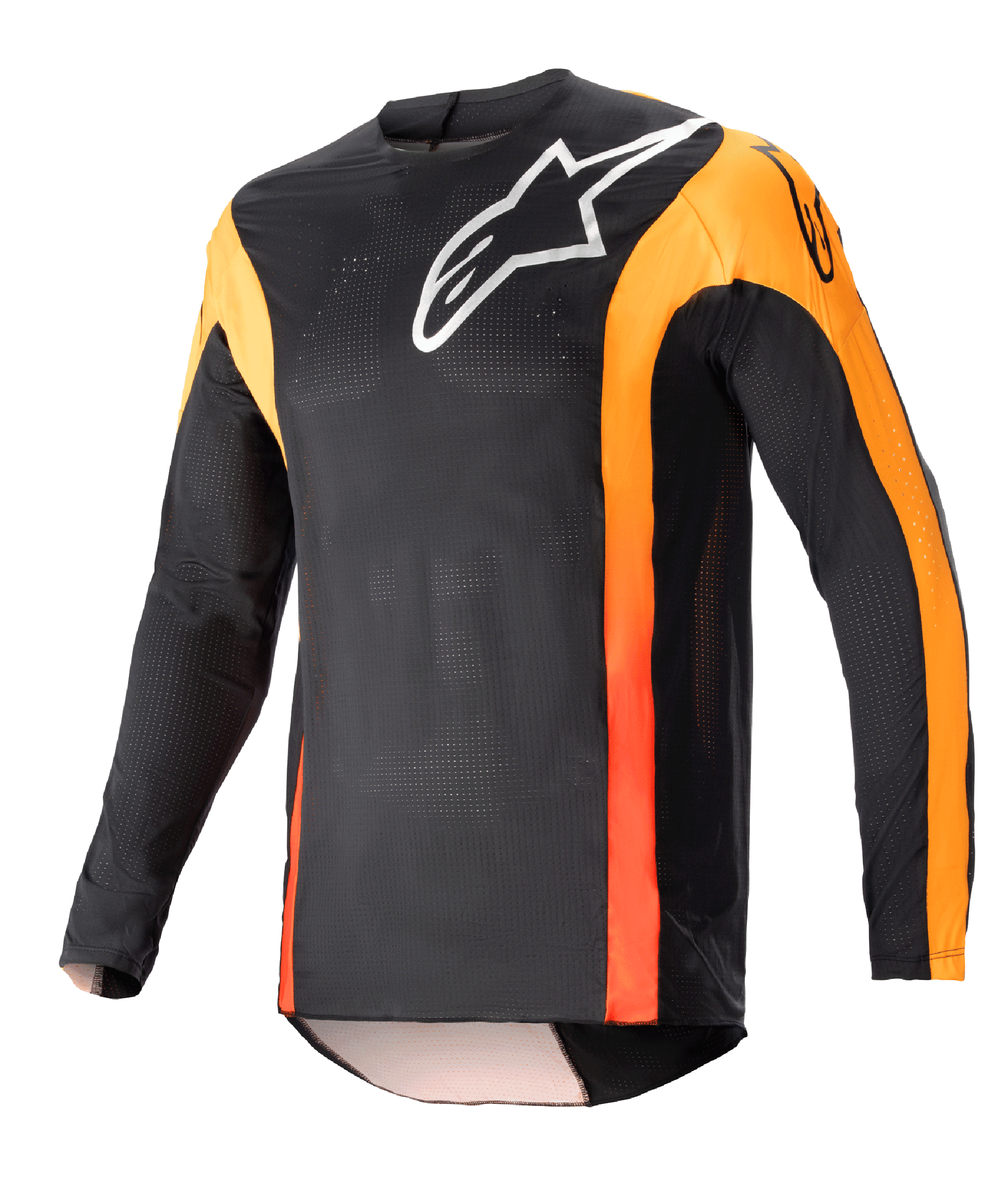 Maillot Alpinestars Techstar Sein 2023, maillot de motocross à manches longues, noir avec accents orange vif, logo Alpinestars blanc sur la poitrine, tissu mesh léger et respirant, coupe de course athlétique