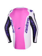 Alpinestars 2026 Fluid Grid Jersey, vue de dos, maillot de motocross, noir, gris clair et violet, panneau central rose avec des sections blanches et noires, marquage Alpinestars violet sur les manches et les côtés, construction en poly-tissu évacuant l'humidité