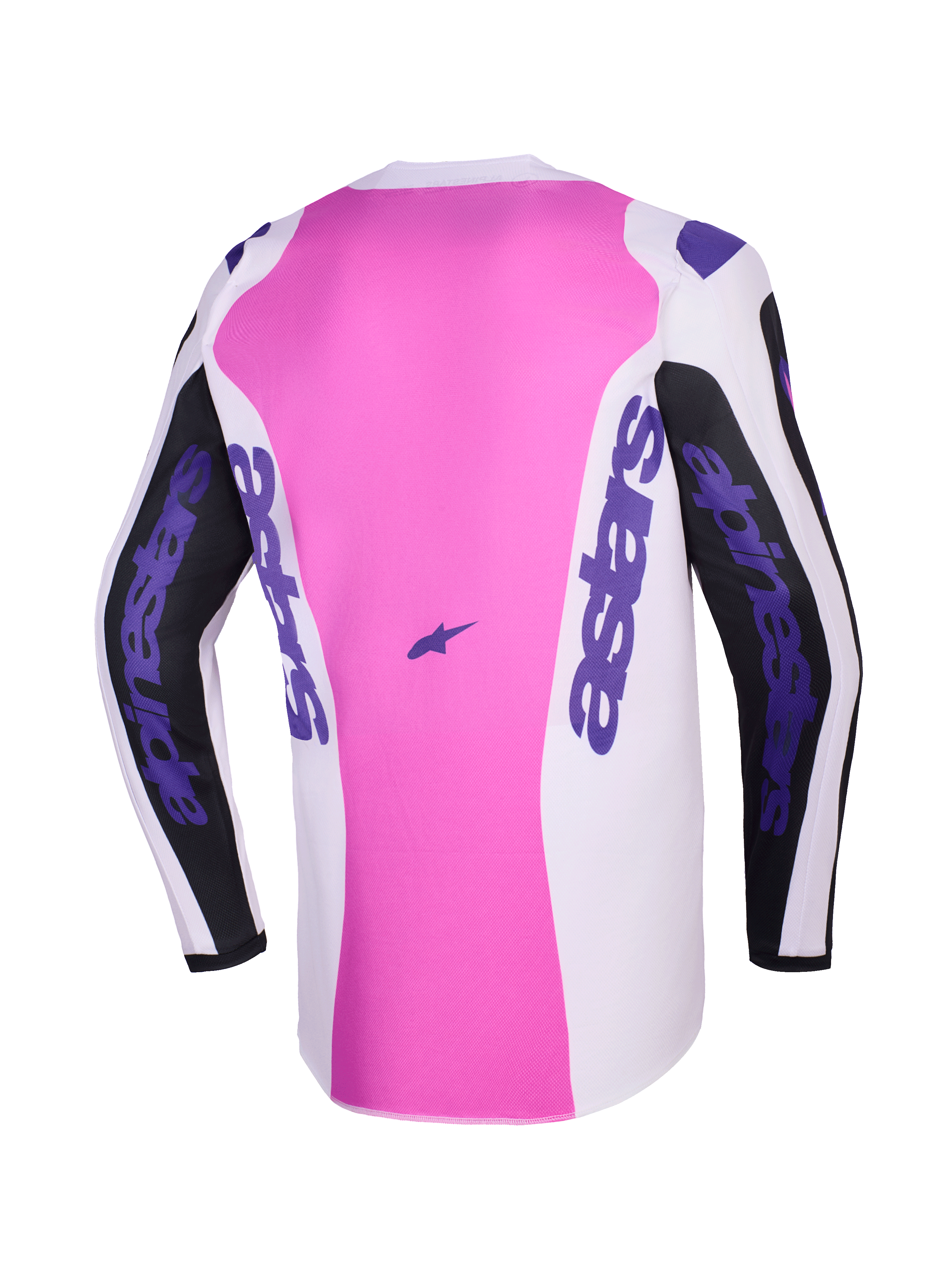 Alpinestars 2026 Fluid Grid Jersey, vue de dos, maillot de motocross, noir, gris clair et violet, panneau central rose avec des sections blanches et noires, marquage Alpinestars violet sur les manches et les côtés, construction en poly-tissu évacuant l'humidité