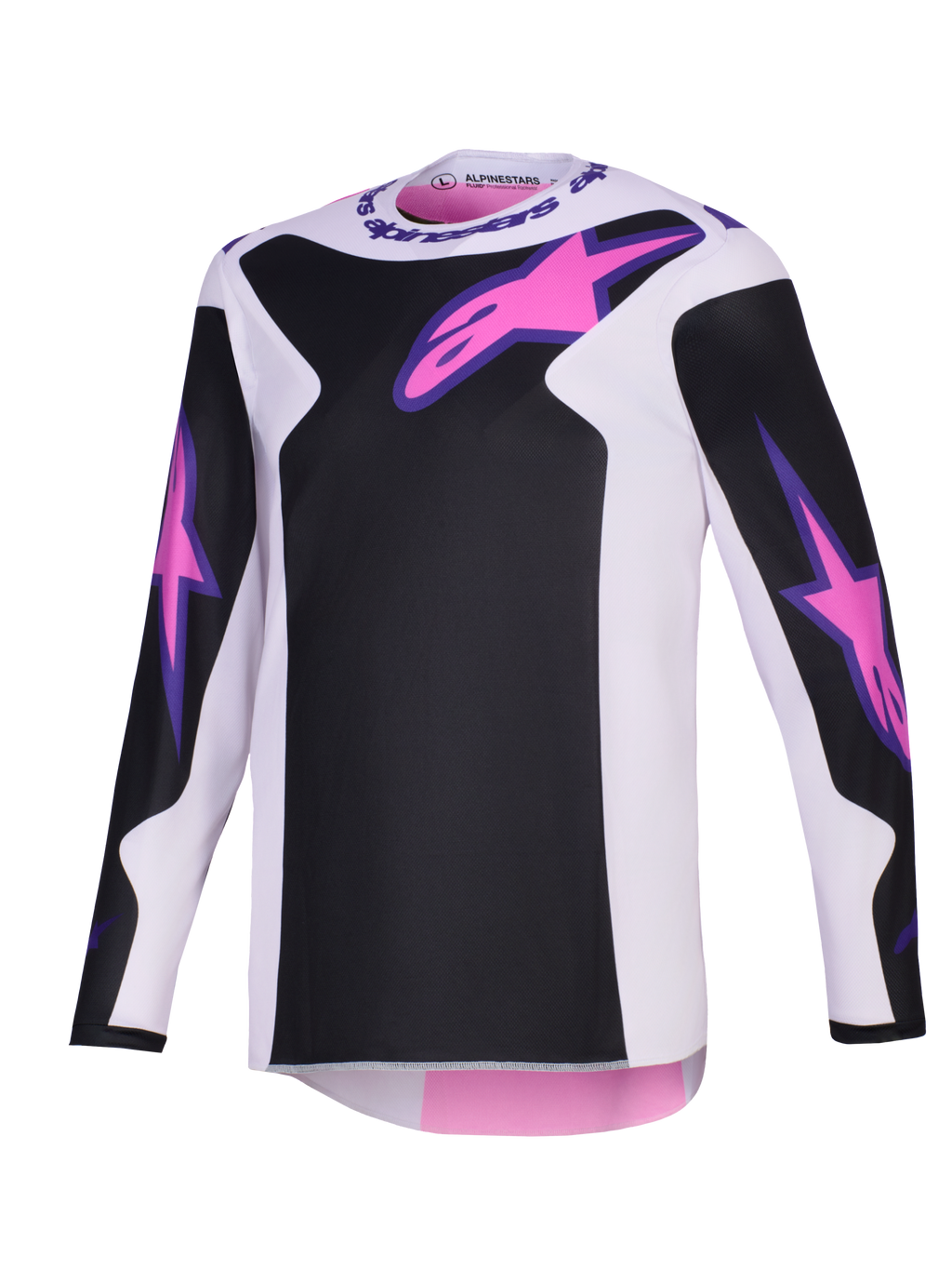 Maillot Alpinestars Fluid Grid 2026, maillot de motocross, noir, gris clair et violet, avec logos Astars roses sur la poitrine et les manches, empiècements noirs sur une base gris clair, coupe athlétique à manches longues pour le pilotage tout-terrain
