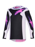 Maillot Alpinestars Fluid Grid 2026, maillot de motocross, noir, gris clair et violet, avec logos Astars roses sur la poitrine et les manches, empiècements noirs sur une base gris clair, coupe athlétique à manches longues pour le pilotage tout-terrain