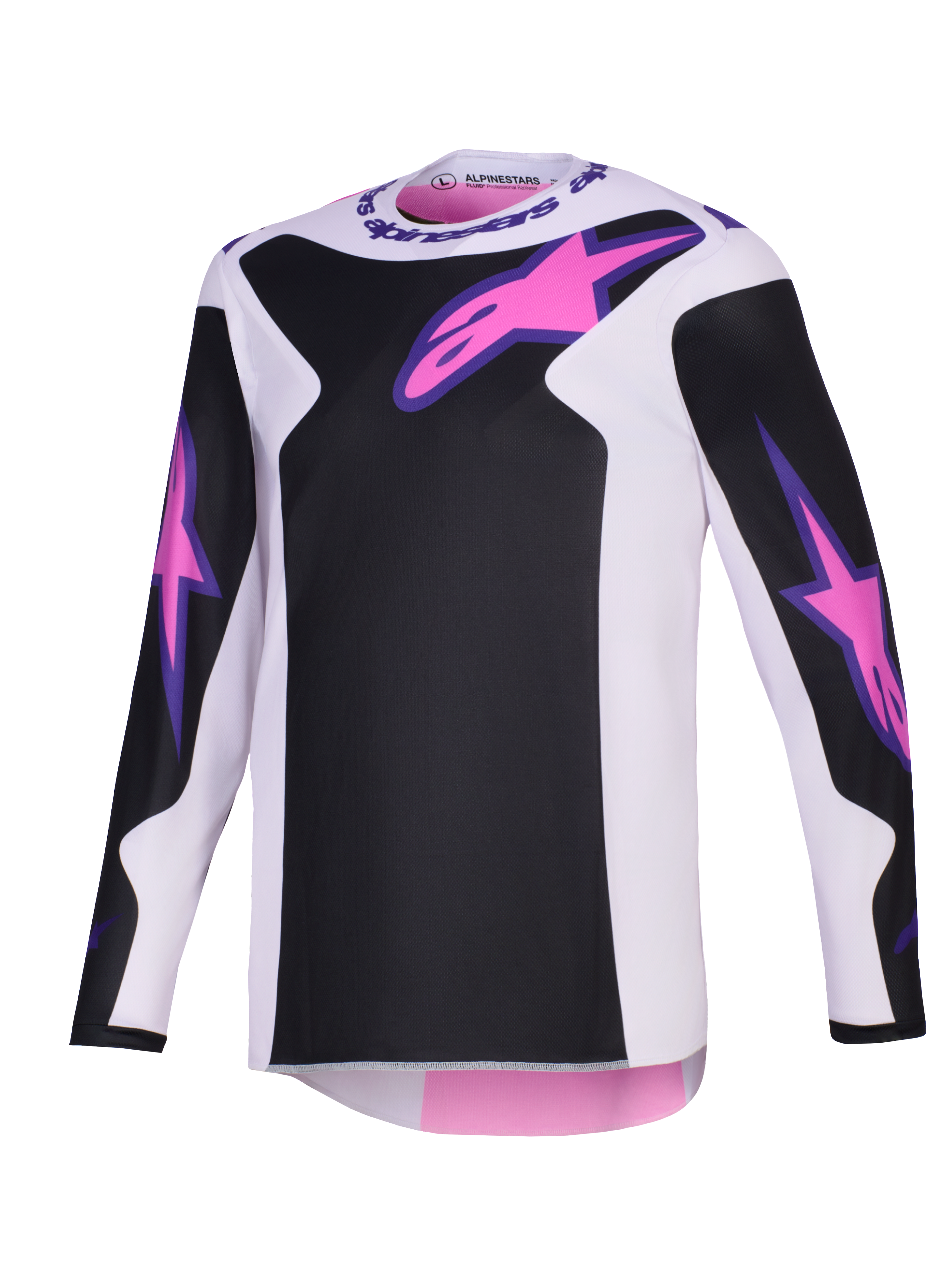 Maillot Alpinestars Fluid Grid 2026, maillot de motocross, noir, gris clair et violet, avec logos Astars roses sur la poitrine et les manches, empiècements noirs sur une base gris clair, coupe athlétique à manches longues pour le pilotage tout-terrain