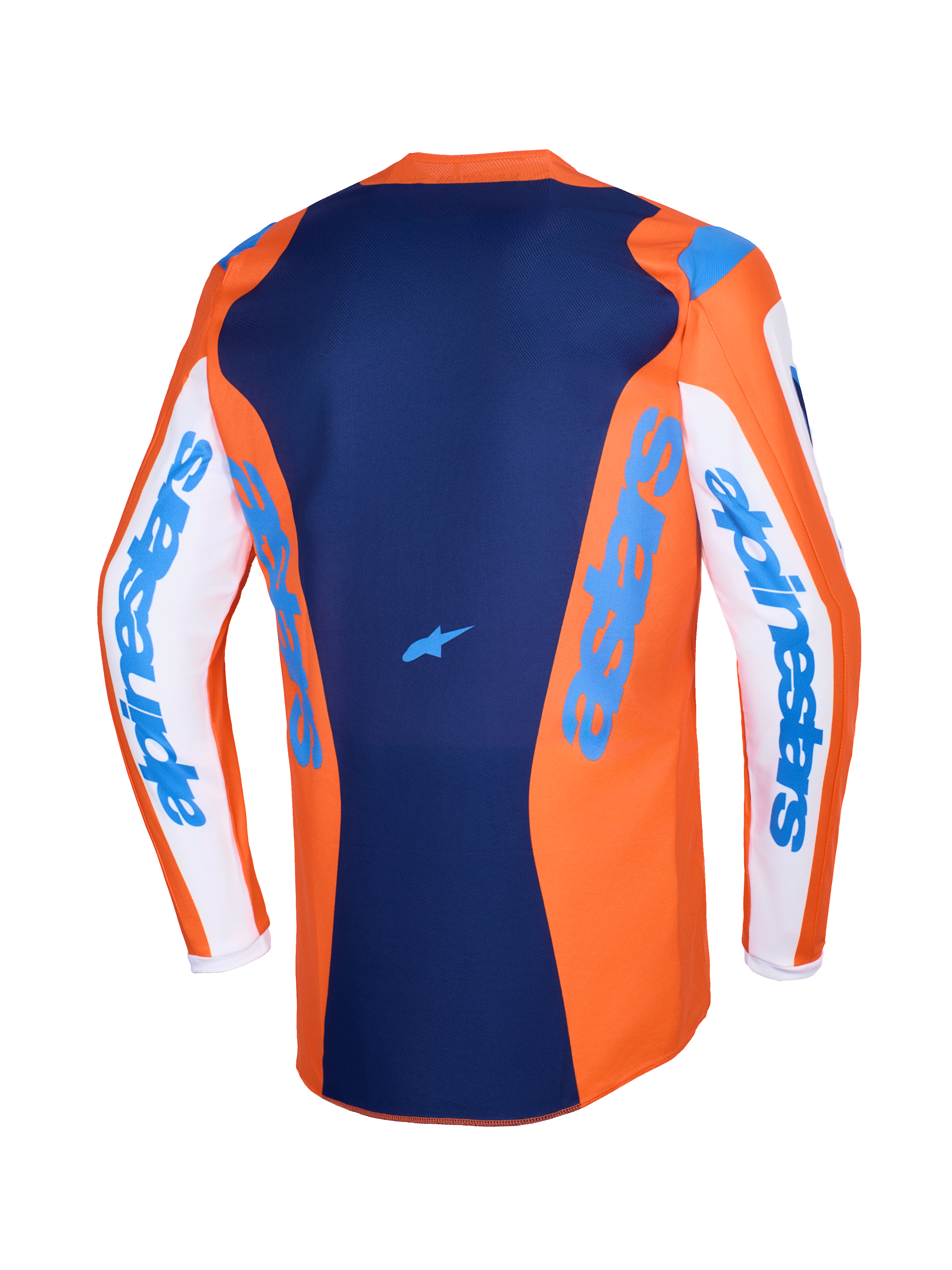 Alpinestars 2026 Fluid Grid Jersey, Motocross Jersey, Orange and UCLA Blue, white sleeves with blue Alpinestars branding, dark blue back panel with small star logo, extended rear cut for off-road riding