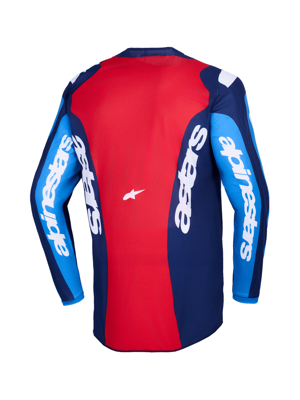 Maillot Alpinestars Fluid Grid 2026, vue arrière, maillot de motocross rouge et bleu, avec logo Alpinestars blanc sur les manches et le dos, conception en poly-tissu léger pour le pilotage tout-terrain