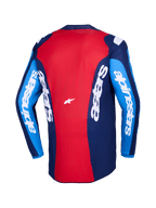 Maillot Alpinestars Fluid Grid 2026, vue arrière, maillot de motocross rouge et bleu, avec logo Alpinestars blanc sur les manches et le dos, conception en poly-tissu léger pour le pilotage tout-terrain