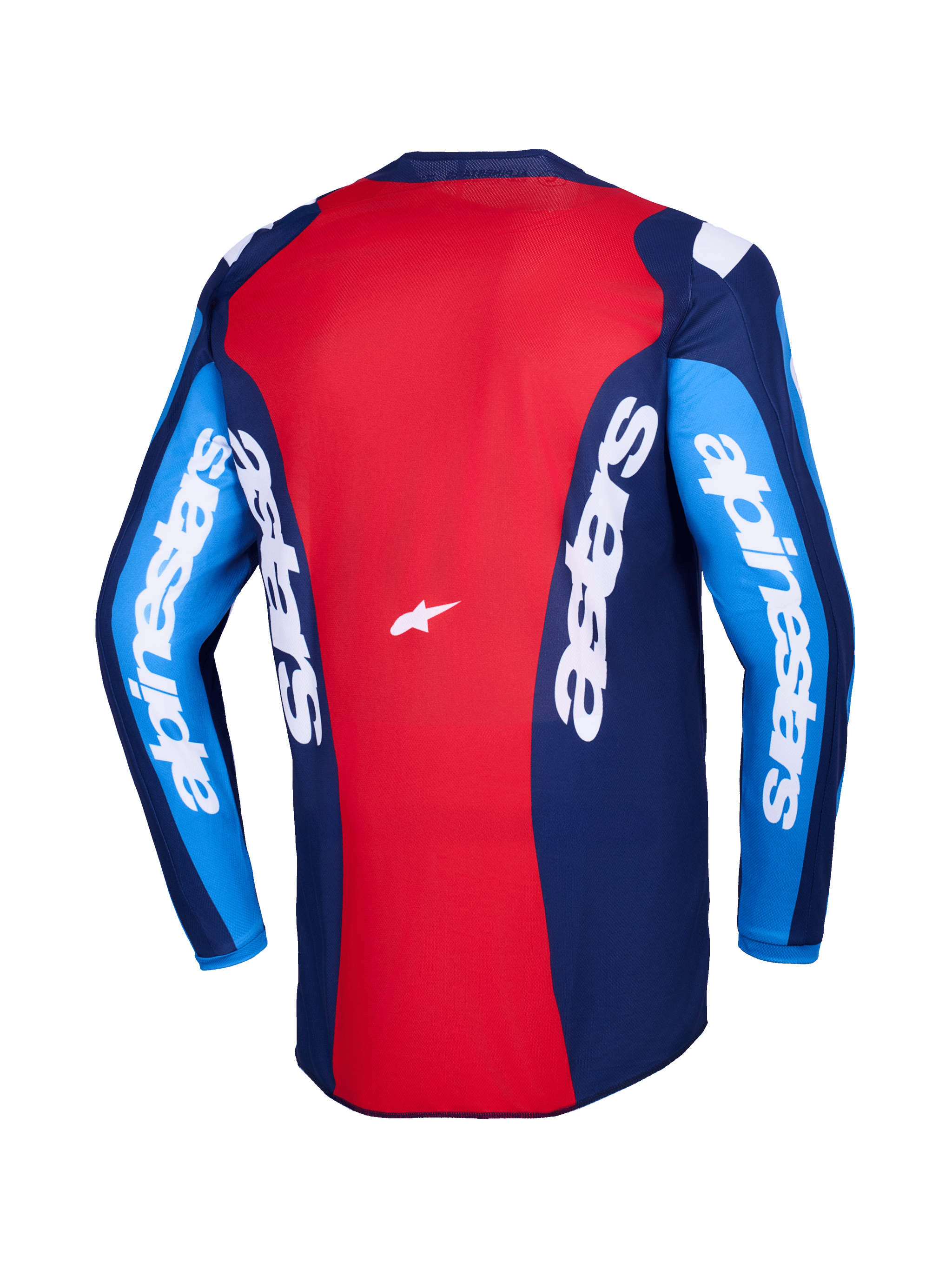 Alpinestars 2026 Fluid Grid Jersey, Back View, Red and Blue Motocross Jersey, featuring bold white Alpinestars branding on sleeves and back, lightweight polyfabric design for off-road riding
