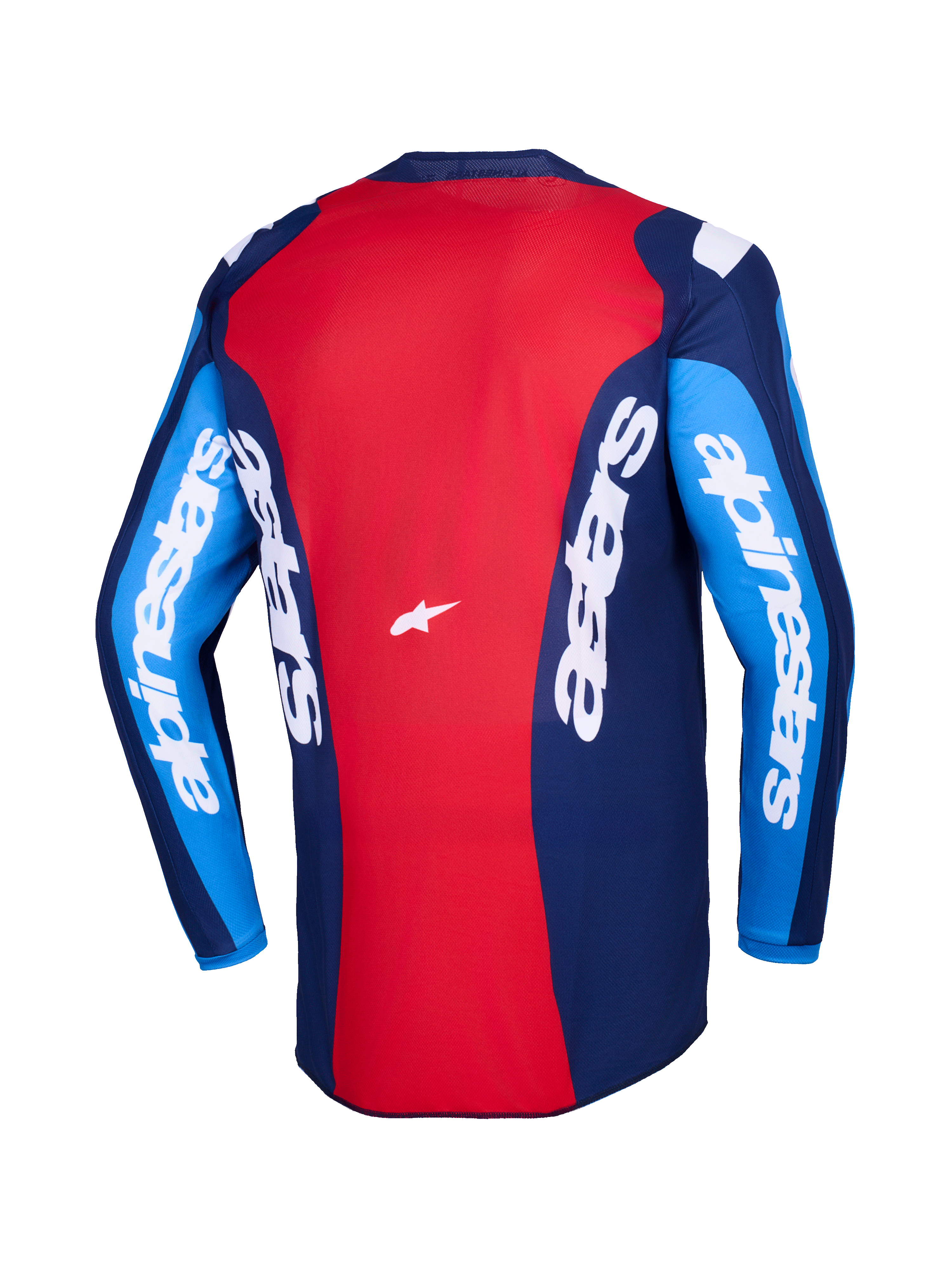 Maillot Alpinestars Fluid Grid 2026, vue arrière, maillot de motocross rouge et bleu, avec logo Alpinestars blanc sur les manches et le dos, conception en poly-tissu léger pour le pilotage tout-terrain