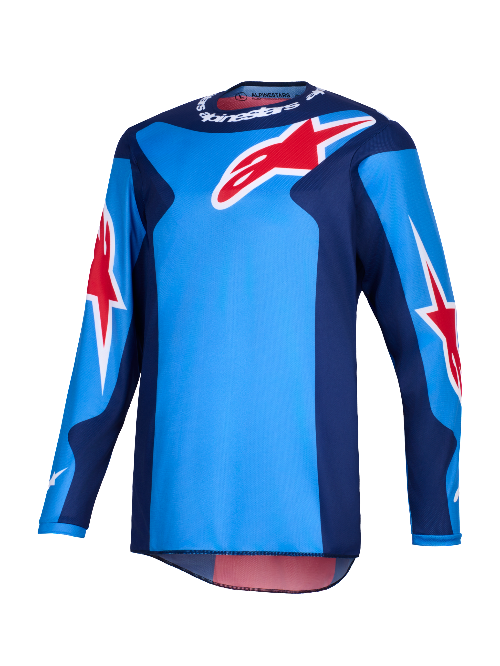Alpinestars 2026 Fluid Grid Jersey, Motocross Jersey, Blue and Red, featuring large red Alpinestars star logos, dark blue side panels, and lightweight poly-fabric construction with a dropped rear for off-road riding.