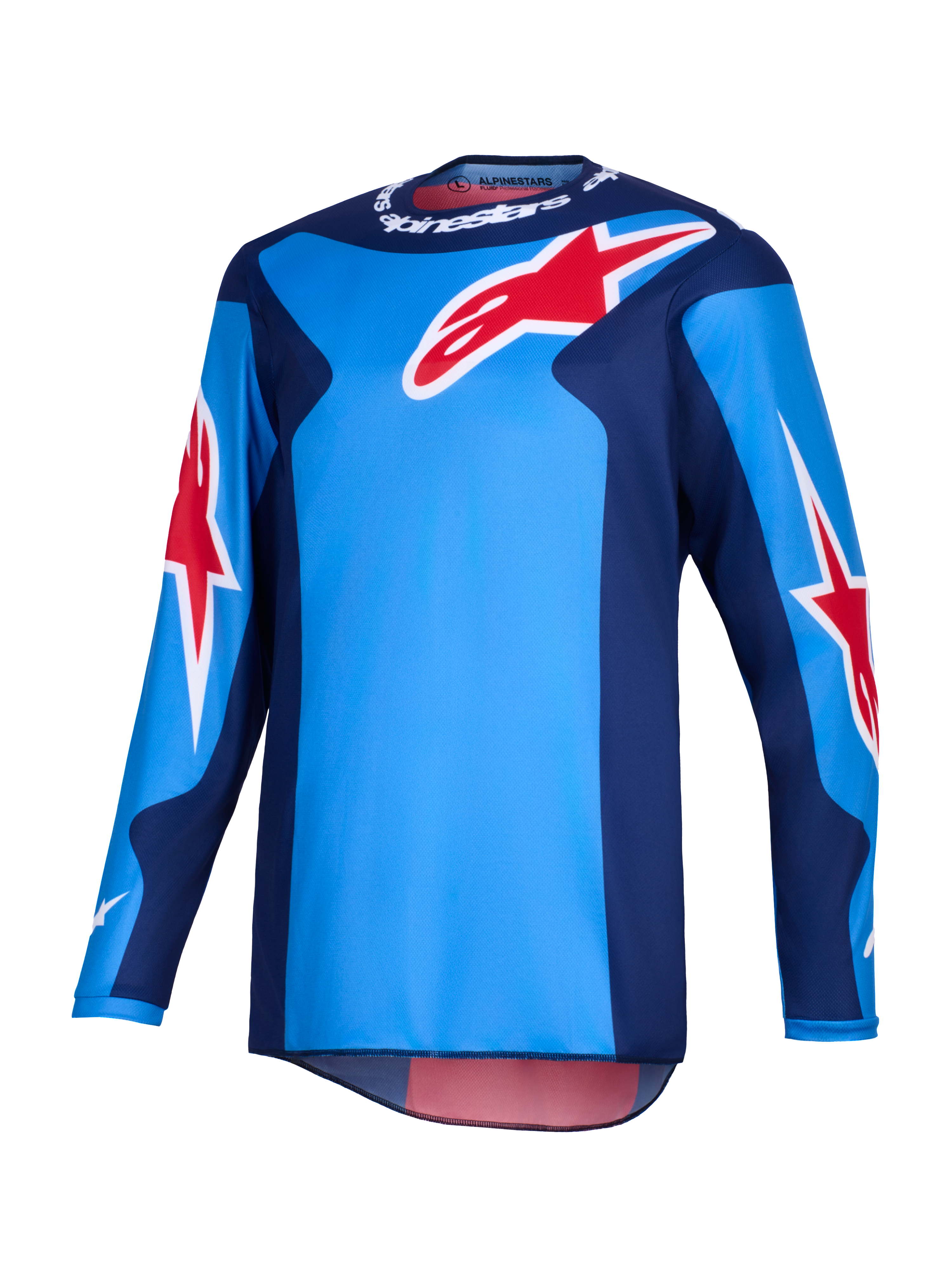 Maillot Alpinestars Fluid Grid 2026, maillot de motocross, bleu et rouge, avec de grands logos en étoile Alpinestars rouges, panneaux latéraux bleu foncé, construction en poly-tissu léger avec un panneau arrière allongé pour la conduite tout-terrain.