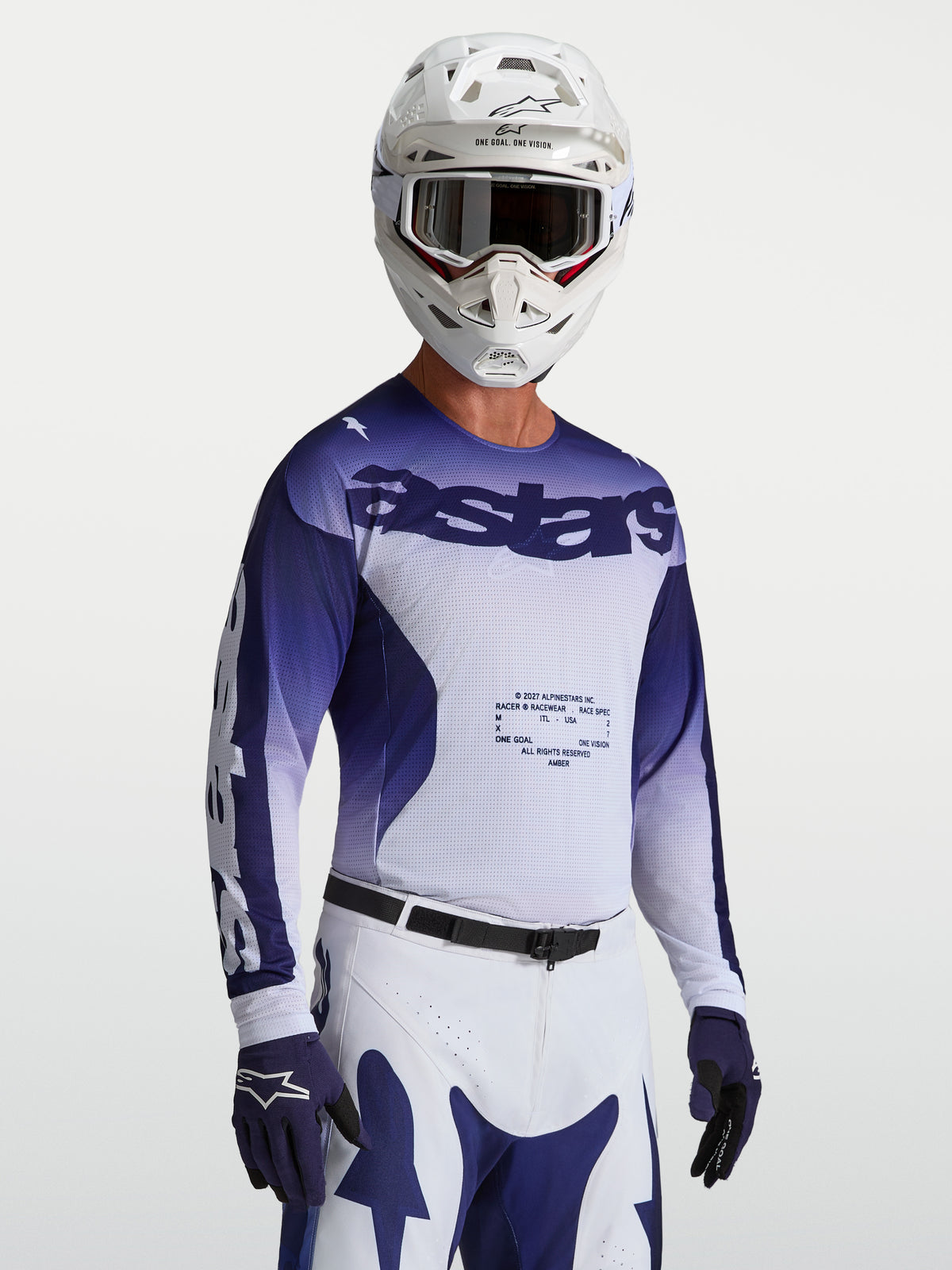 Alpinestars Racer Air Amber, maillot de motocross bleu et blanc pour homme en maille ventilée pour un flux d'air élevé.