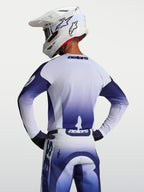 Alpinestars Racer Air Amber, maillot de course motocross homme, bleu et blanc, vue de dos, construction en maille ventilée