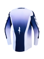 Maillot Alpinestars Racer Air Amber, maillot de motocross bleu et blanc pour homme, vue de dos, mesh respirant et pan arrière allongé.