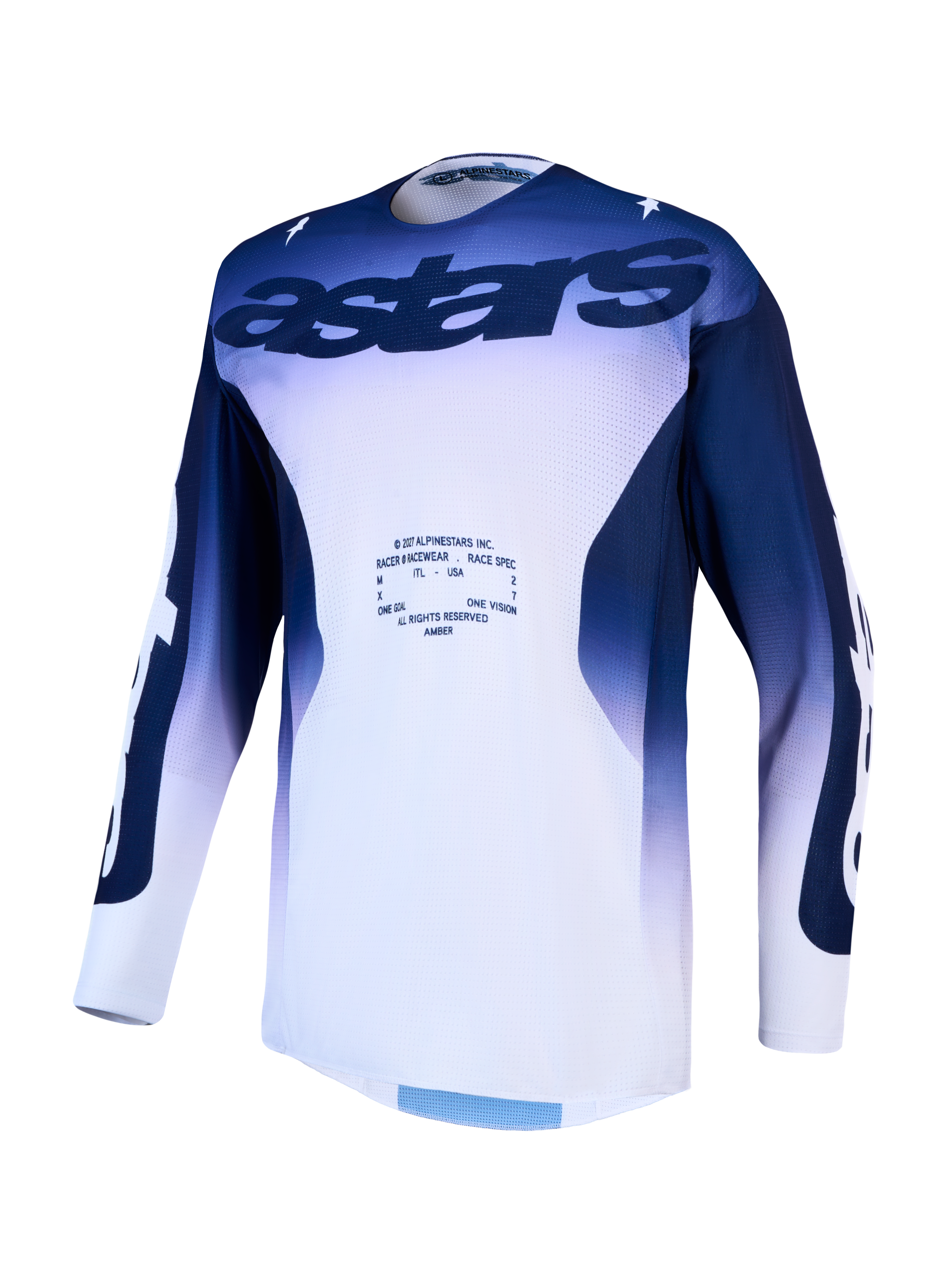 Maillot Alpinestars Racer Air Amber, maillot de motocross pour homme, bleu et blanc, construction en maille ventilée.