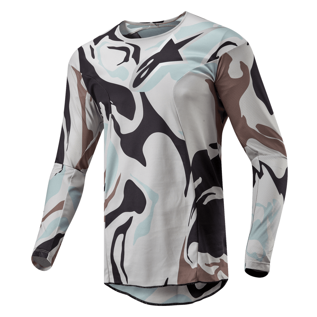 Alpinestars 2024 Racer Tactical Jersey, Motocross Jersey, Iron Camo Dust Gray, featuring a bold camouflage pattern in light gray, dark gray, and pale blue tones, lightweight poly-fabric construction with breathable mesh inserts, ergonomic sport fit.