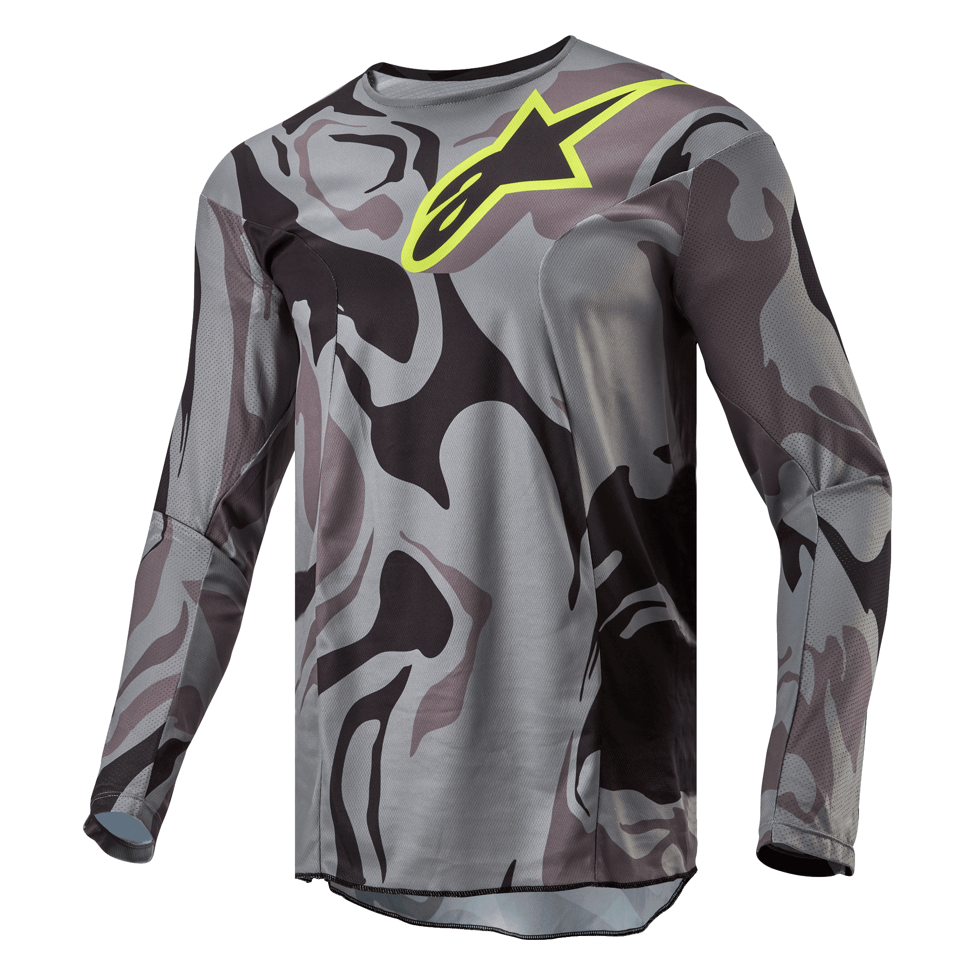Alpinestars 2024 Racer Tactical Jersey, Motocross Jersey, Cast Gray Camo Magnet, gray and black camouflage pattern with a bright yellow Alpinestars logo on the chest, long sleeves, performance off-road riding gear