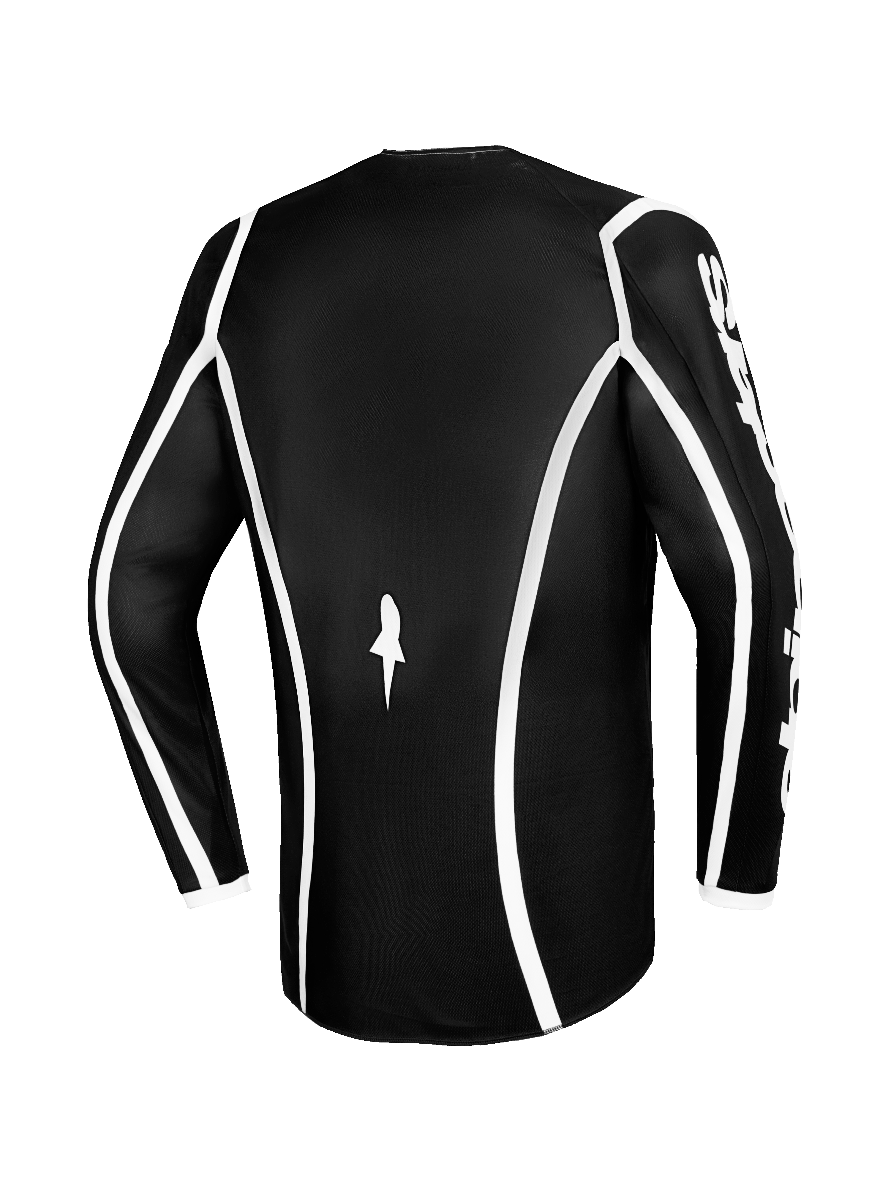 Maillot Alpinestars Fluid Apex 2026, maillot de motocross, noir avec liserés blancs incurvés, vue de dos montrant la coupe ergonomique et un petit logo blanc, maillot haute performance à manches longues pour la course tout-terrain