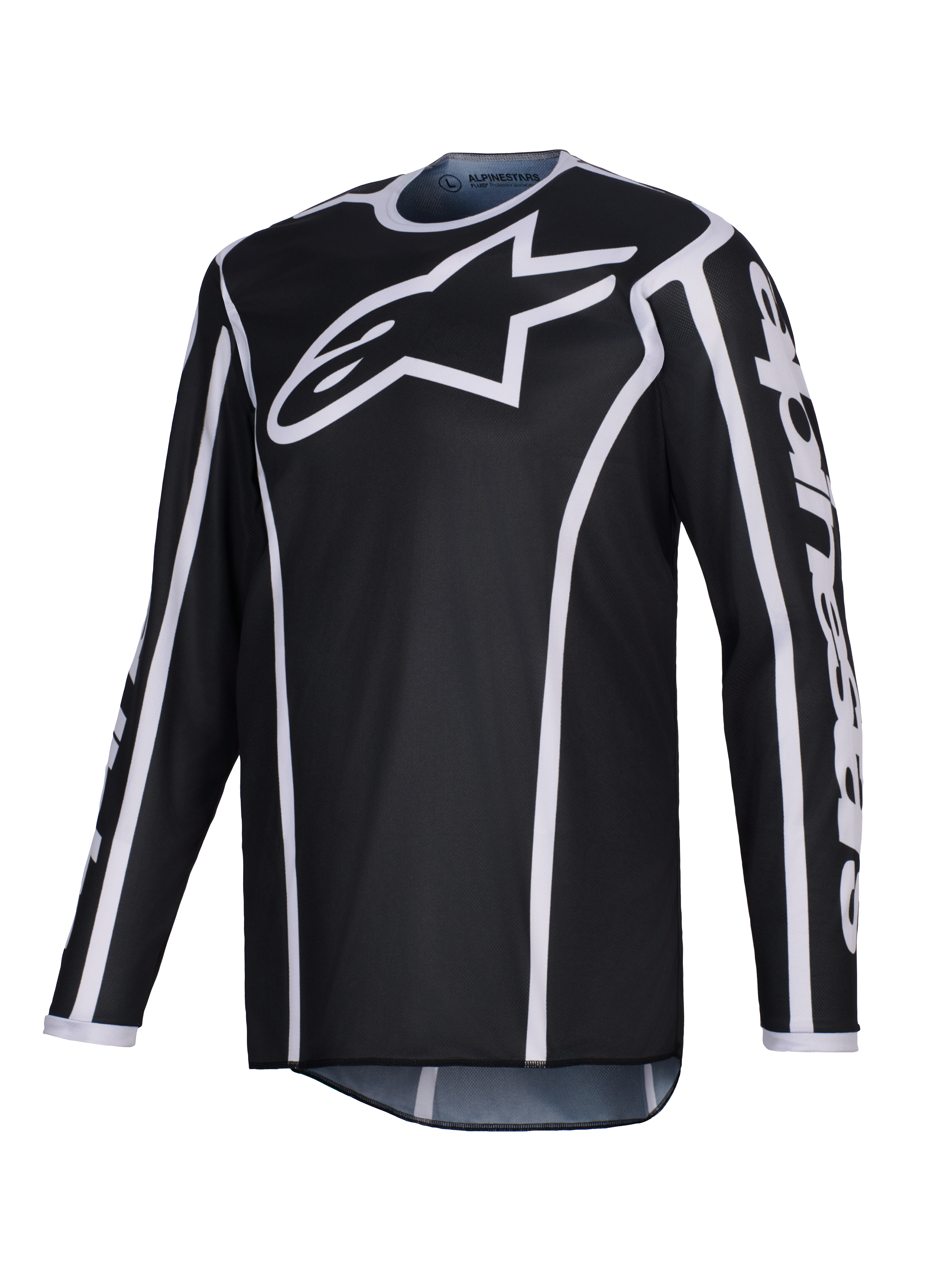 Maillot Alpinestars Fluid Apex 2026, maillot de motocross, noir avec accents blancs, grand logo blanc sur la poitrine, liserés blancs le long des coutures, poly-tissu performant à manches longues pour la course tout-terrain