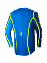 Alpinestars 2026 Fluid Apex Jersey, maillot de motocross, bleu et jaune fluo, vue arrière présentant des lignes graphiques jaune fluo et un ourlet arrière allongé, équipement tout-terrain léger et respirant