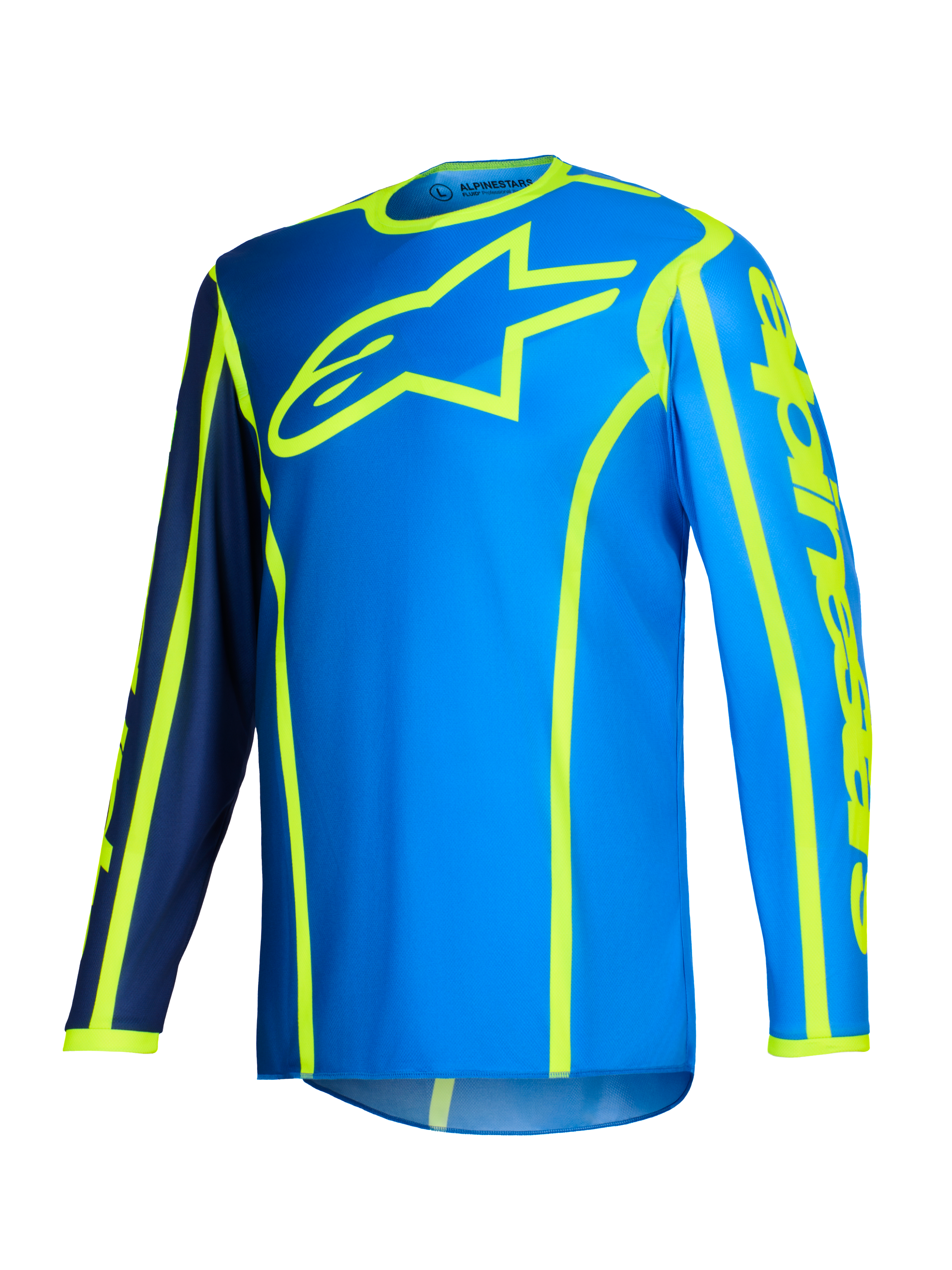 Maillot Alpinestars Fluid Apex 2026, maillot de motocross, bleu et jaune fluo, grand logo étoile jaune fluorescent sur la poitrine, manches longues avec sections bleu marine et bleu vif, marquage vertical sur le bras, équipement sportif tout-terrain