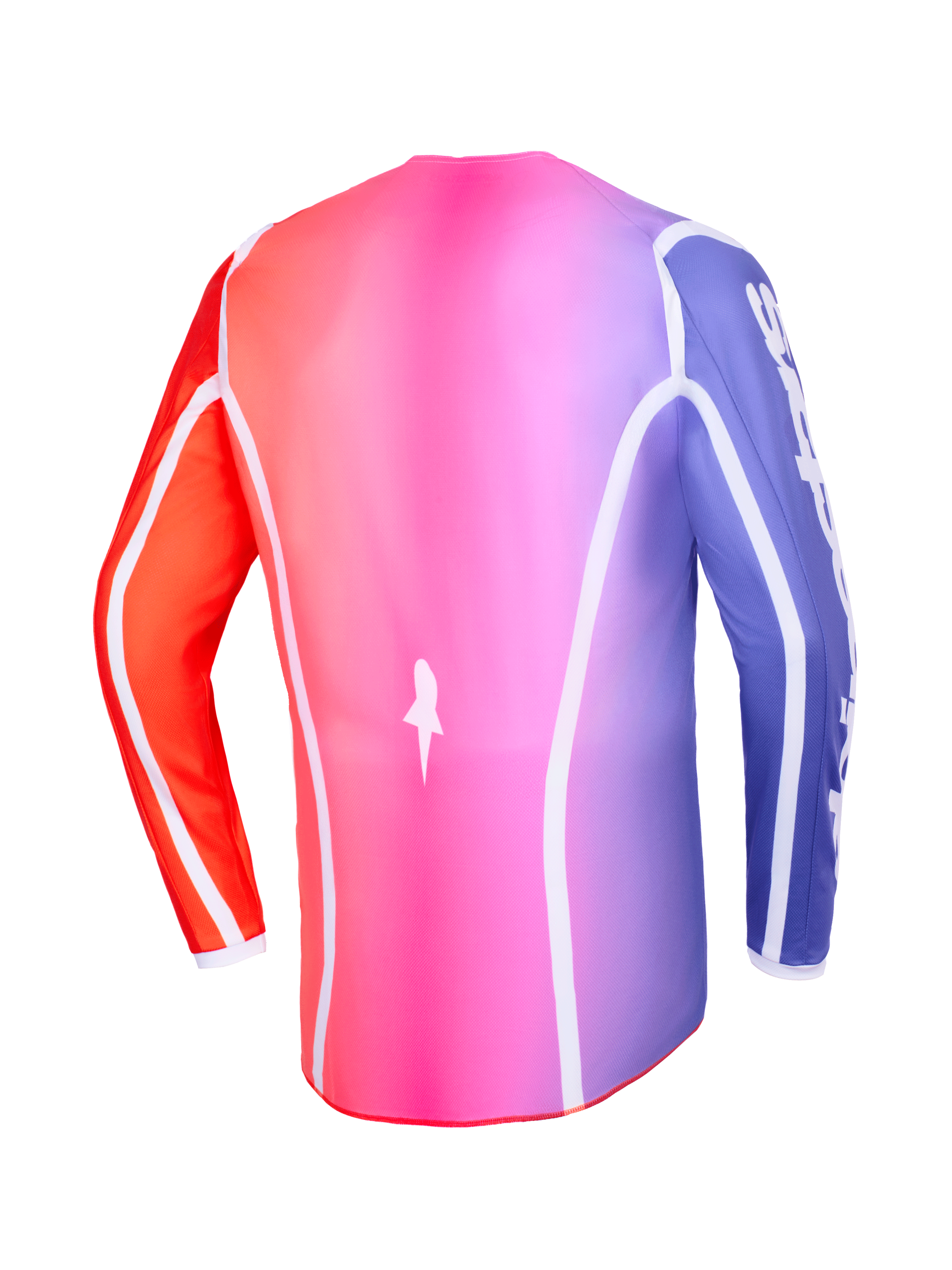 Alpinestars 2026 Fluid Apex Jersey, Back view, Multicolor pink purple and orange gradient, featuring white curved piping and an extended rear hem, professional motocross and off-road apparel