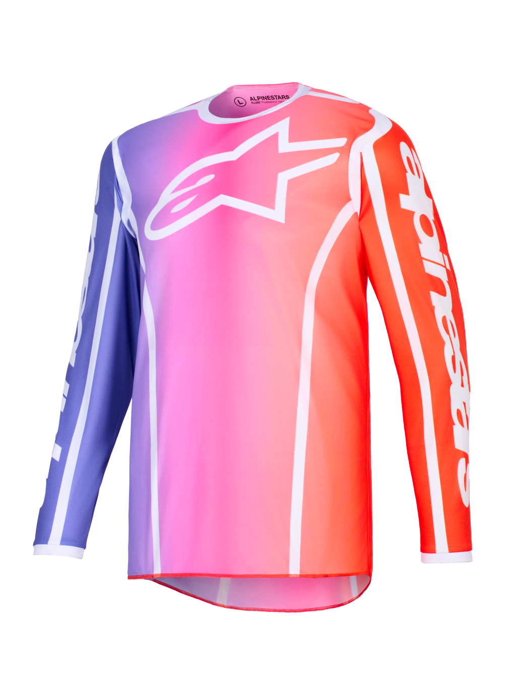 Alpinestars 2026 Fluid Apex Jersey, Motocross Jersey, Purple Pink and Orange gradient with white accents, white Astars logo on chest and sleeve branding, lightweight performance polyfabric for off-road racing.