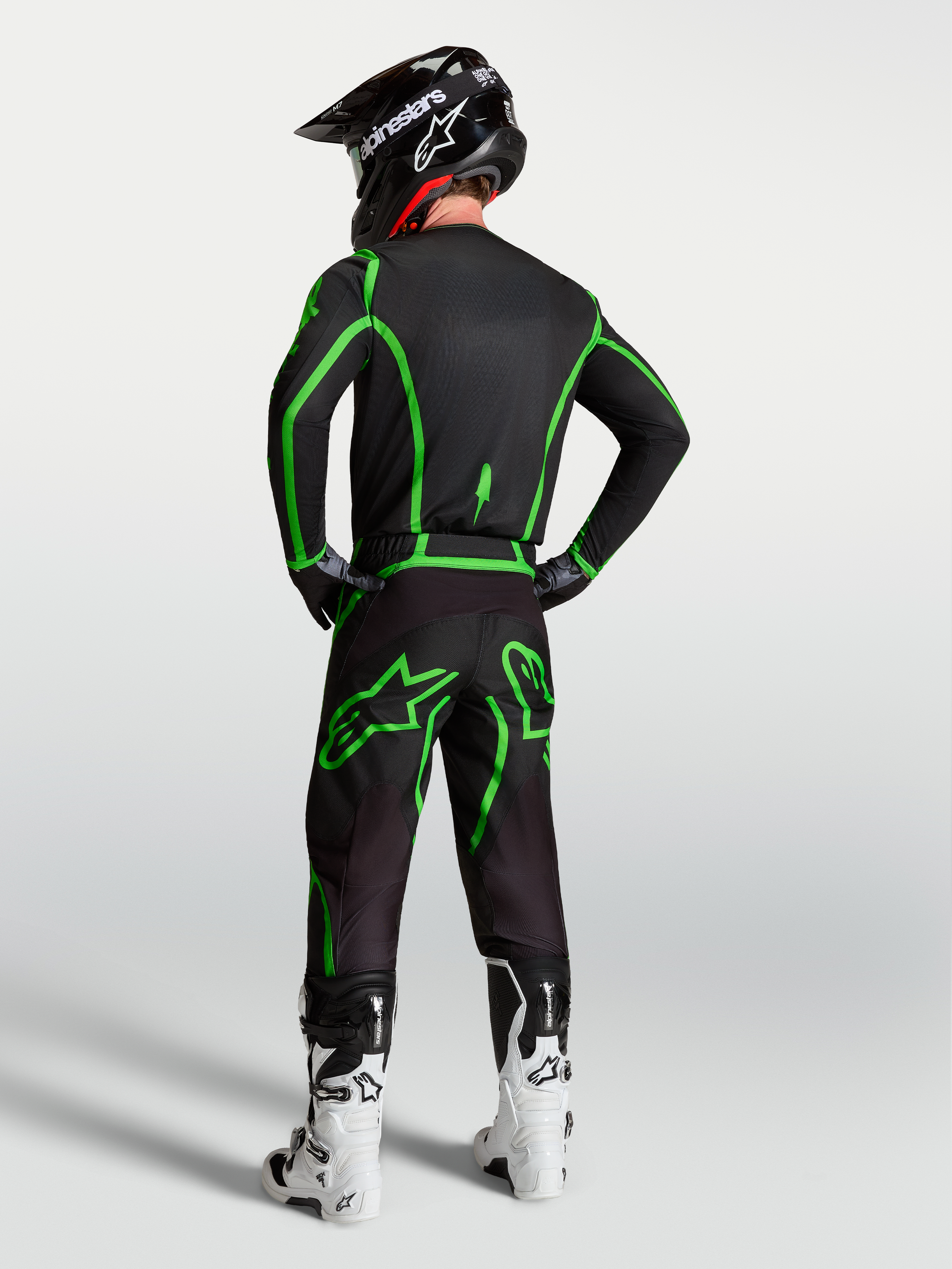 Alpinestars Fluid Apex V2 Pants, Motocross Racing, Men's, Black and Green Fluo, ergonomic fit shown in full gear set.