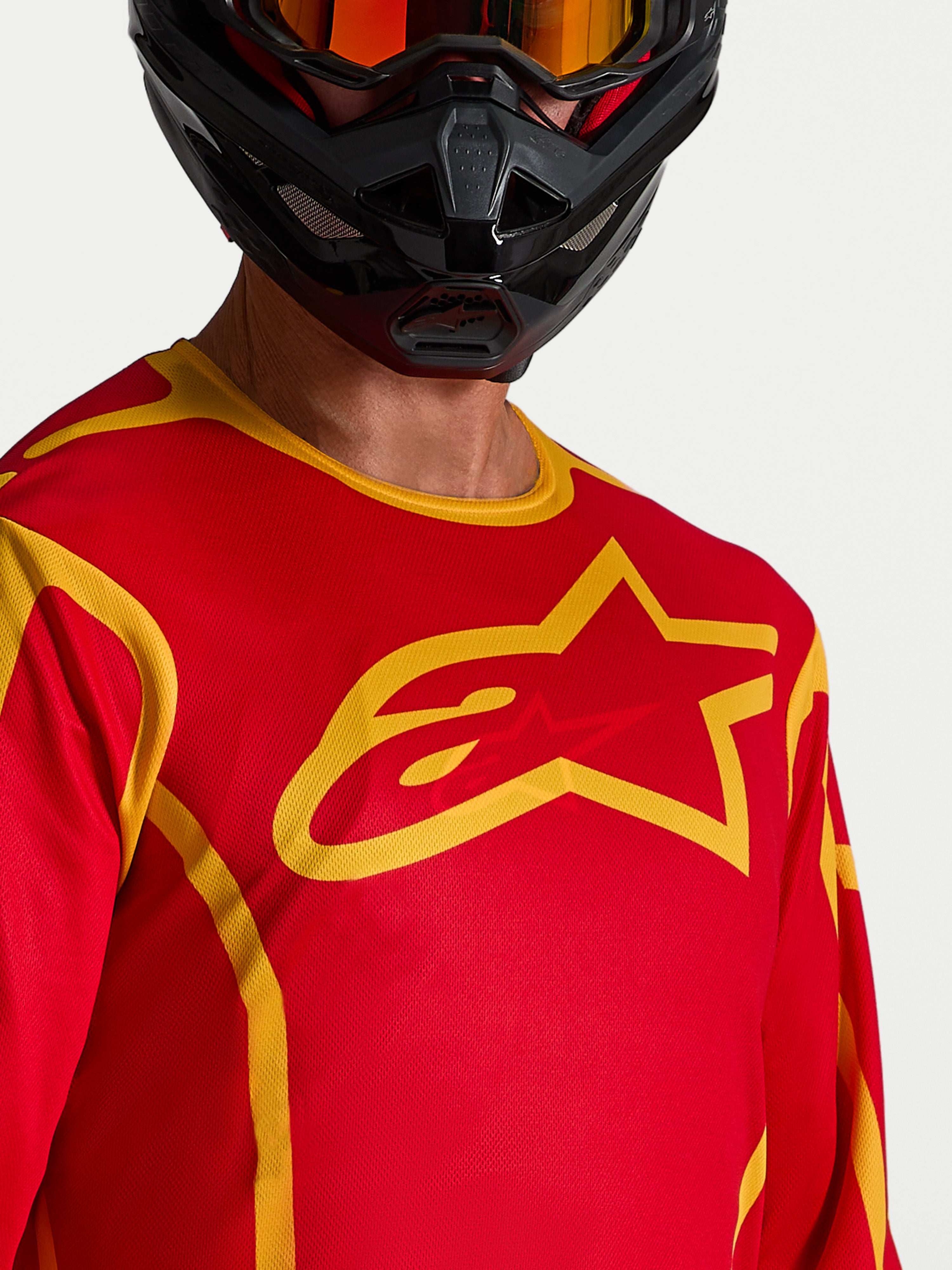 Alpinestars Maillot Fluid Apex V2, maillot de motocross pour homme, rouge et doré, avec grand logo étoile sur la poitrine