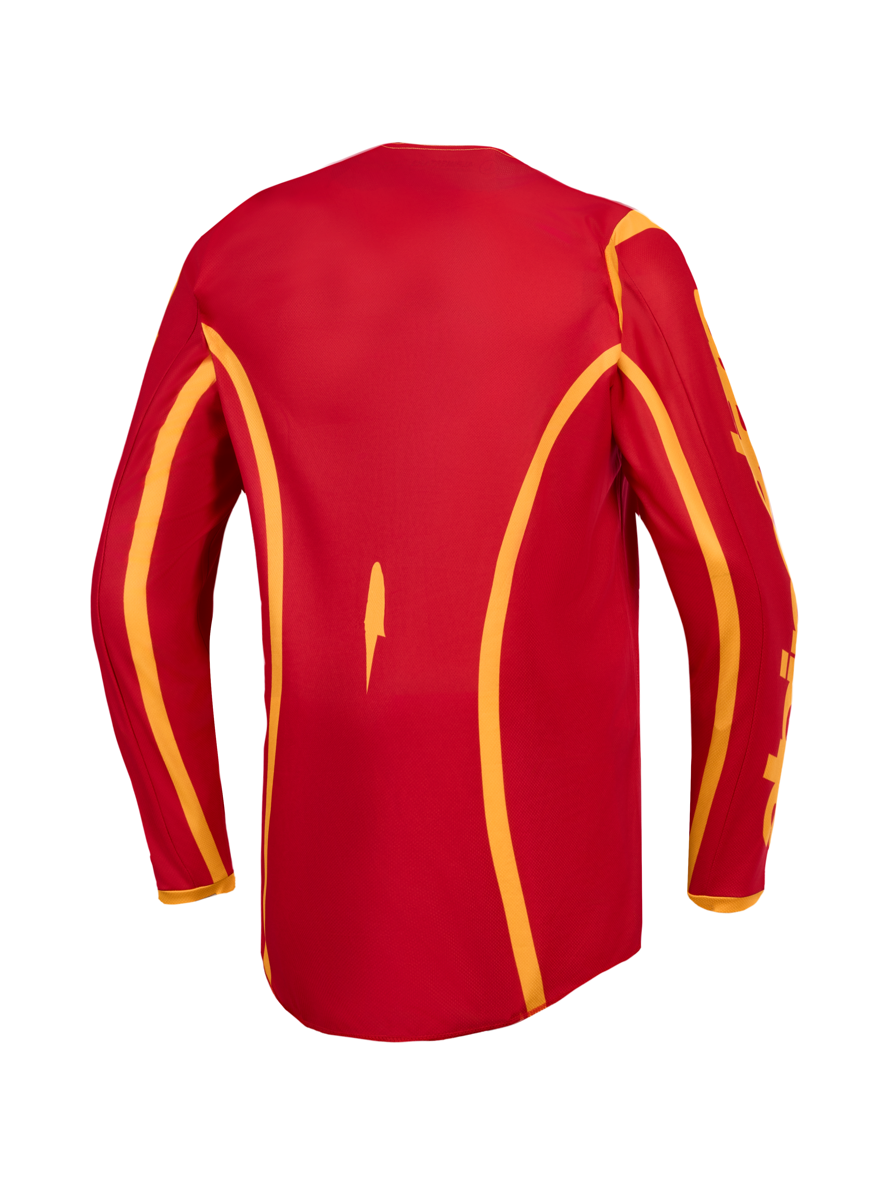 Maillot Alpinestars Fluid Apex V2 pour homme, haut de motocross rouge et doré, vue de dos avec coupe arrière longue