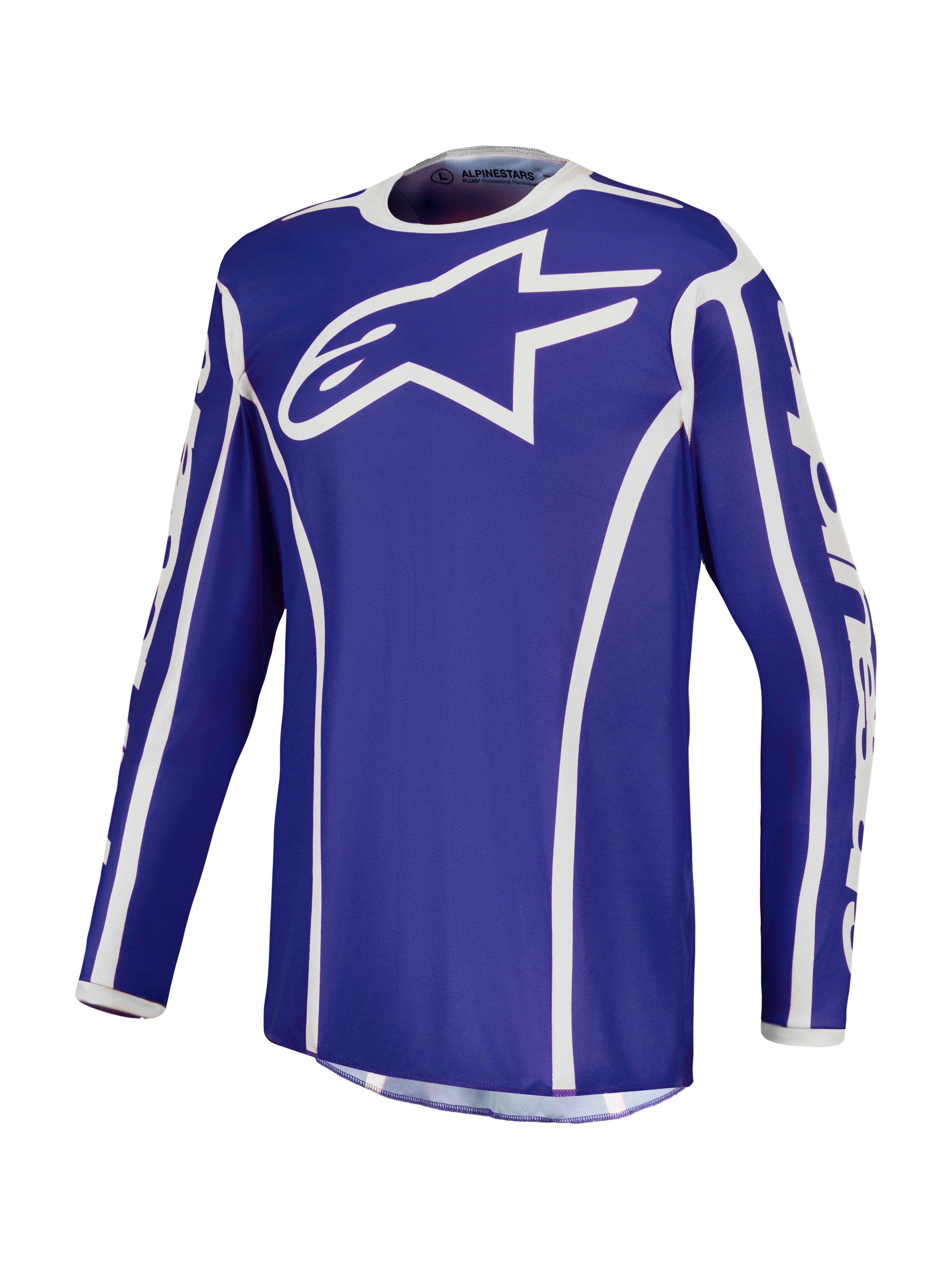 Alpinestars Fluid Apex V2, maillot de motocross pour homme, bleu et blanc, poly-tissu évacuant l'humidité.