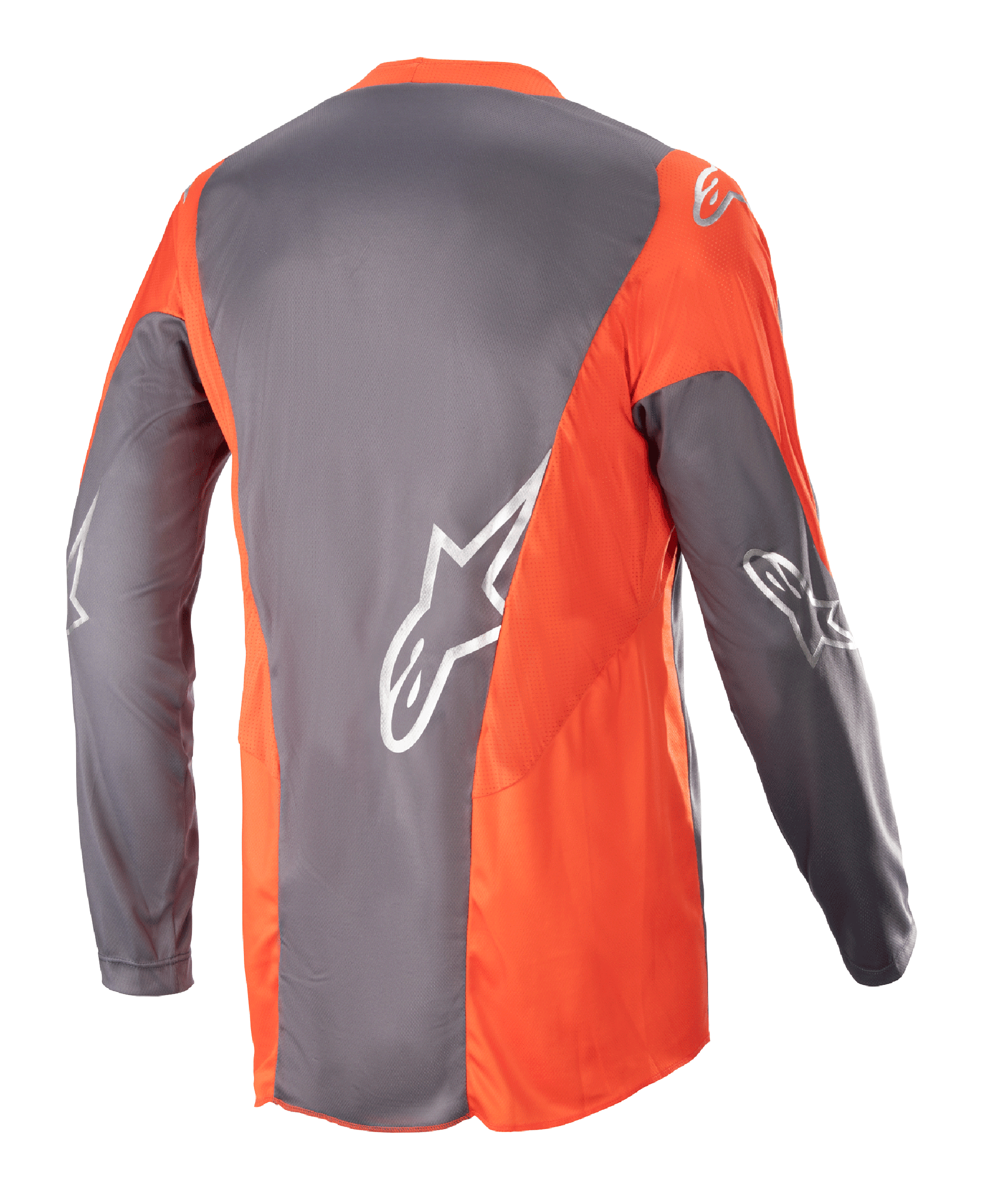 Alpinestars 2023 Racer Hoen Jersey, Motocross Jersey, Magnet Hot Orange, back view showing grey and orange panels with silver Astars logos on the sleeves and back, performance off-road apparel