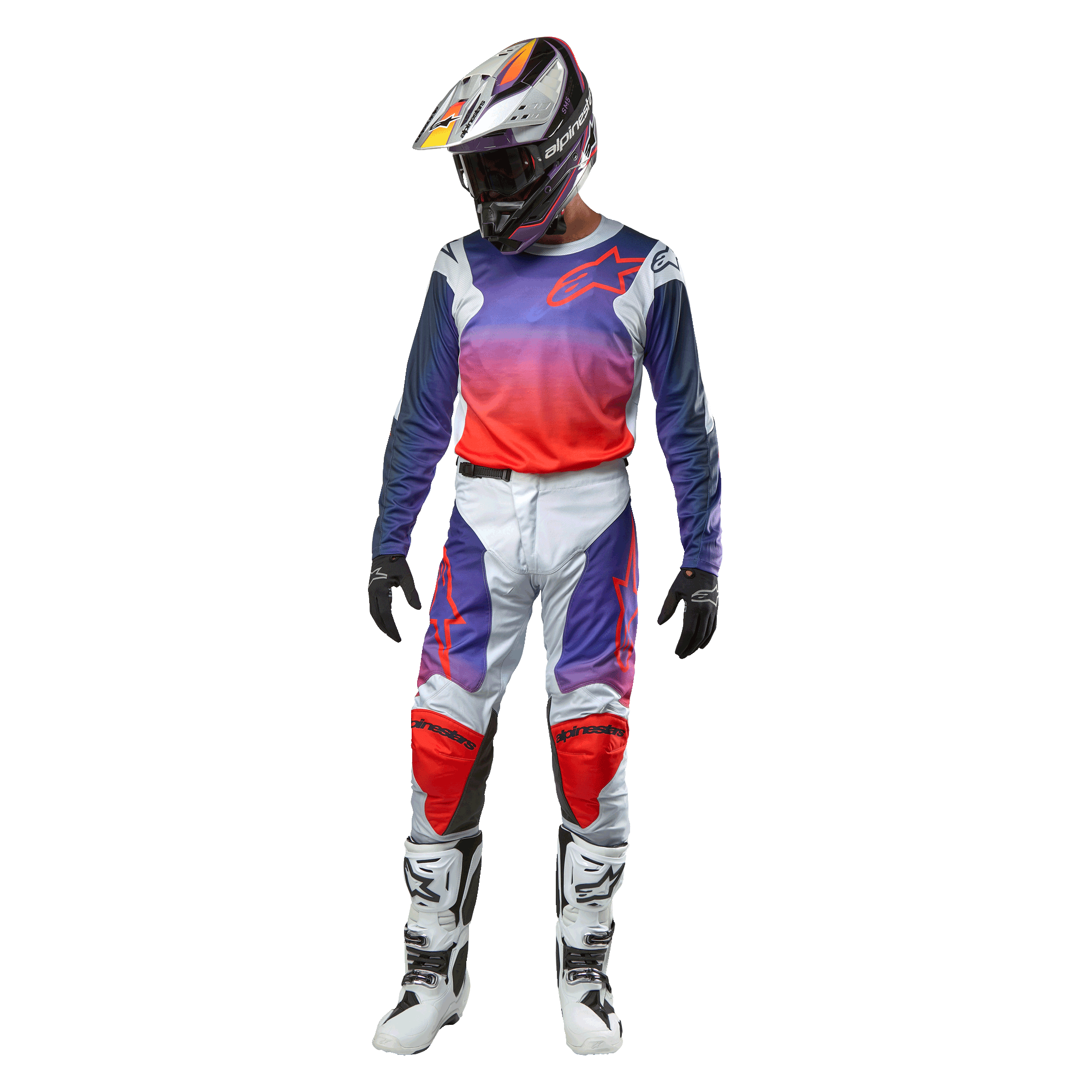 Motocross rider wearing complete racing gear, Alpinestars 2024 Racer Hoen Jersey with purple to hot orange gradient and light gray shoulders, matching light gray pants with red and purple accents, coordinated helmet and white boots, full off-road racing outfit