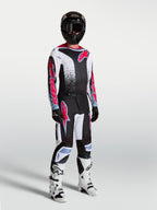 Alpinestars 2027 Fluid Drag Gear Set, men's motocross racing outfit in black and white with red graphics and white boots.