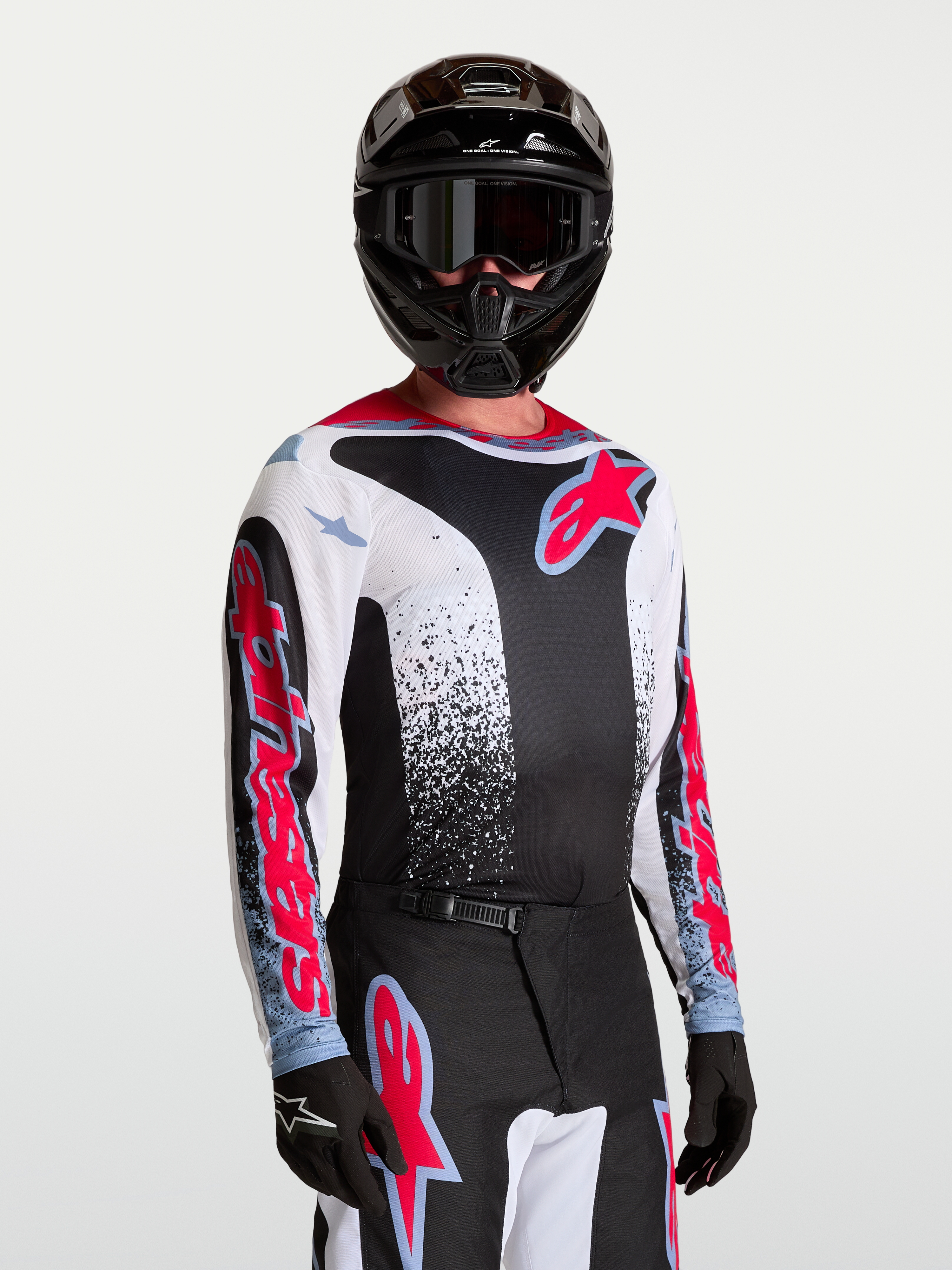 Alpinestars Fluid Drag Jersey, Men's Motocross Jersey, Black and White with Red and Blue, Lightweight Breathable Textile.