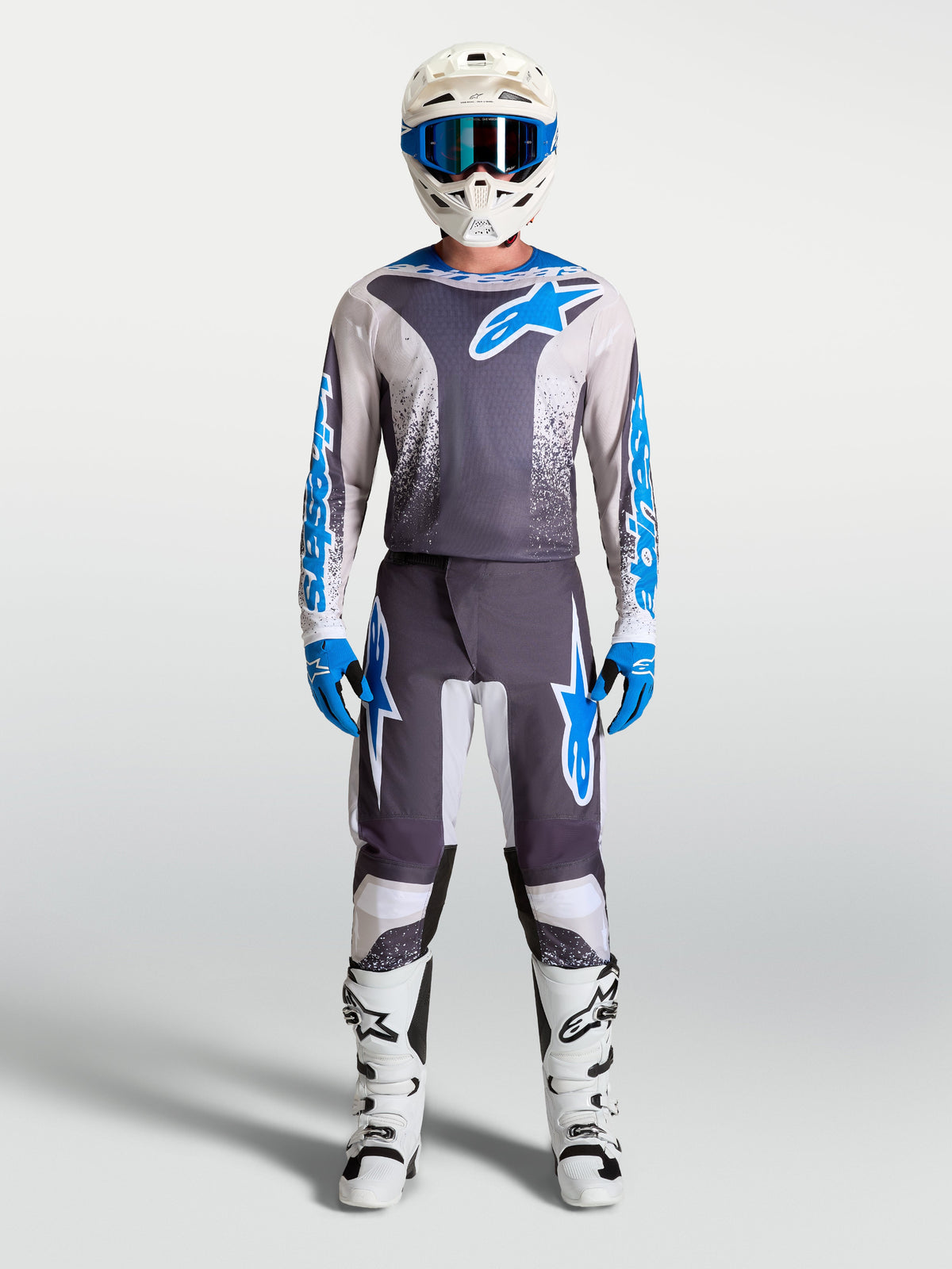 Alpinestars Fluid Drag Gear Set, ensemble de motocross gris et bleu avec maillot et pantalon, tenue tout-terrain
