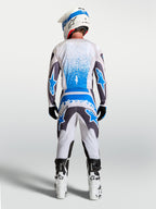 Alpinestars 2027 Fluid Drag Gear Set, Men's Motocross Jersey and Pants in White, Gray, and Blue, Rear View.