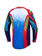 Alpinestars Fluid Drag Jersey in Blue Navy and Fire Red, Men's Motocross Jersey with bold green accents, back view.