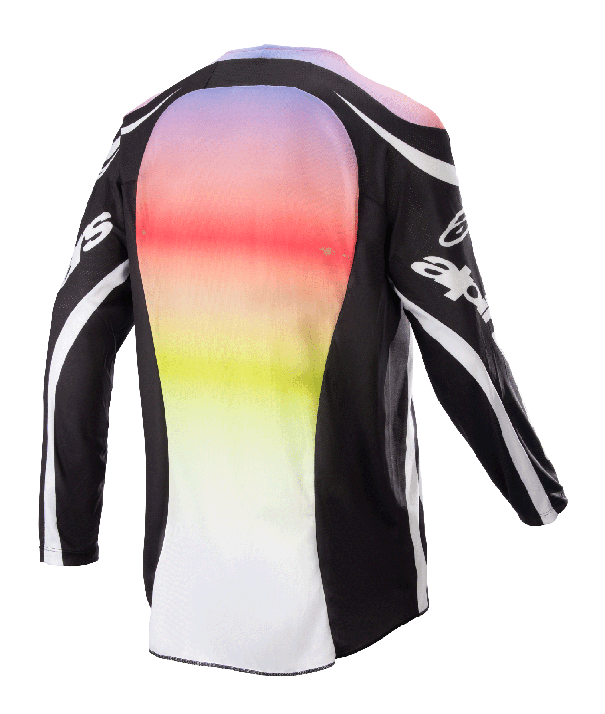Alpinestars 2023 Racer Semi Jersey, Motocross Jersey, Black Multicolor, rear view featuring a large central panel with a vibrant purple to yellow gradient, black sleeves and shoulders with white logo accents and curved lines, designed for off-road performance