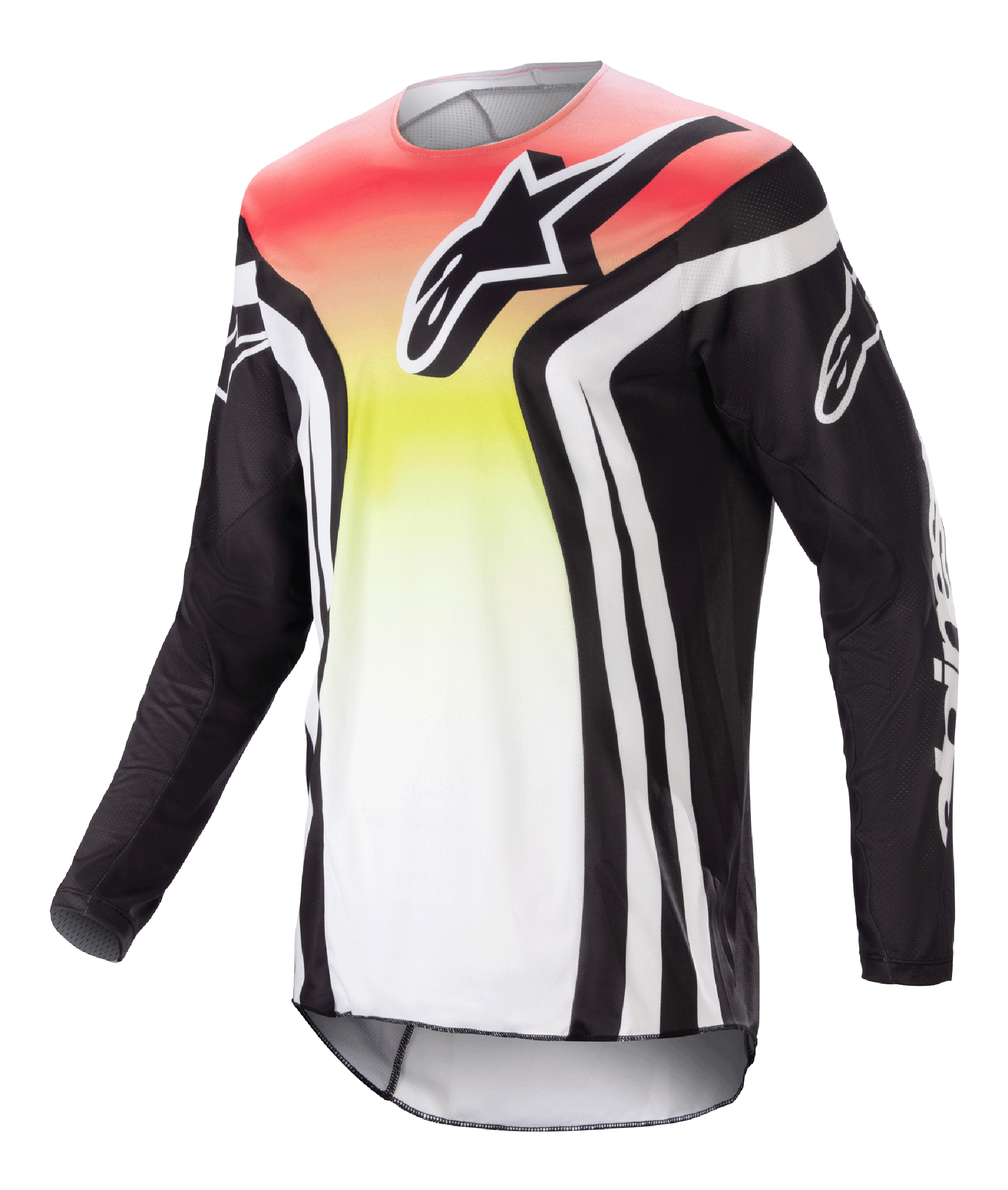 Alpinestars 2023 Racer Semi Jersey, Motocross Long-Sleeve Jersey, Black and Multicolor with Red, Yellow, and White gradient, bold chest logo and white sleeve stripes, lightweight moisture-wicking fabric for off-road performance