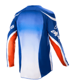 Alpinestars 2023 Racer Semi Jersey, maillot de motocross, bleu, orange vif et blanc, vue arrière montrant le panneau central en dégradé du bleu au blanc, accents orange sur les manches avec logo blanc et dos allongé pour le pilotage tout-terrain