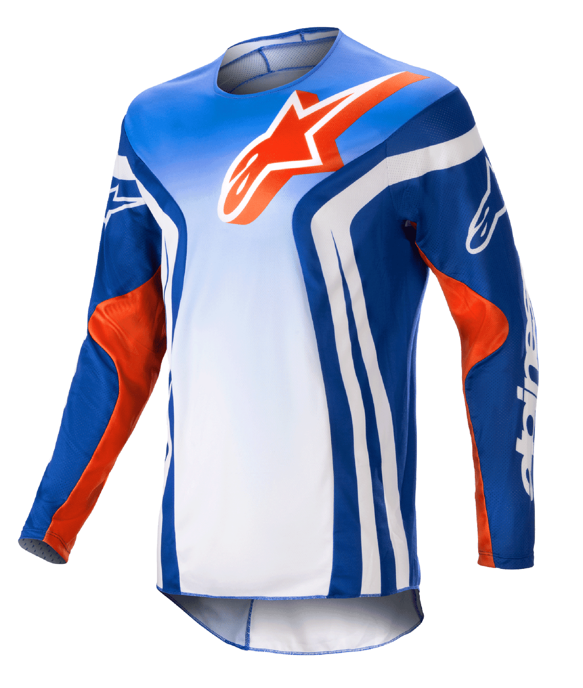 Alpinestars Racer Semi Jersey 2023, maillot de motocross à manches longues, dégradé bleu et blanc avec accents orange vif, grand logo Alpinestars orange sur la poitrine, larges bandes verticales blanches sur les côtés, tissu léger évacuant l'humidité pour le tout-terrain