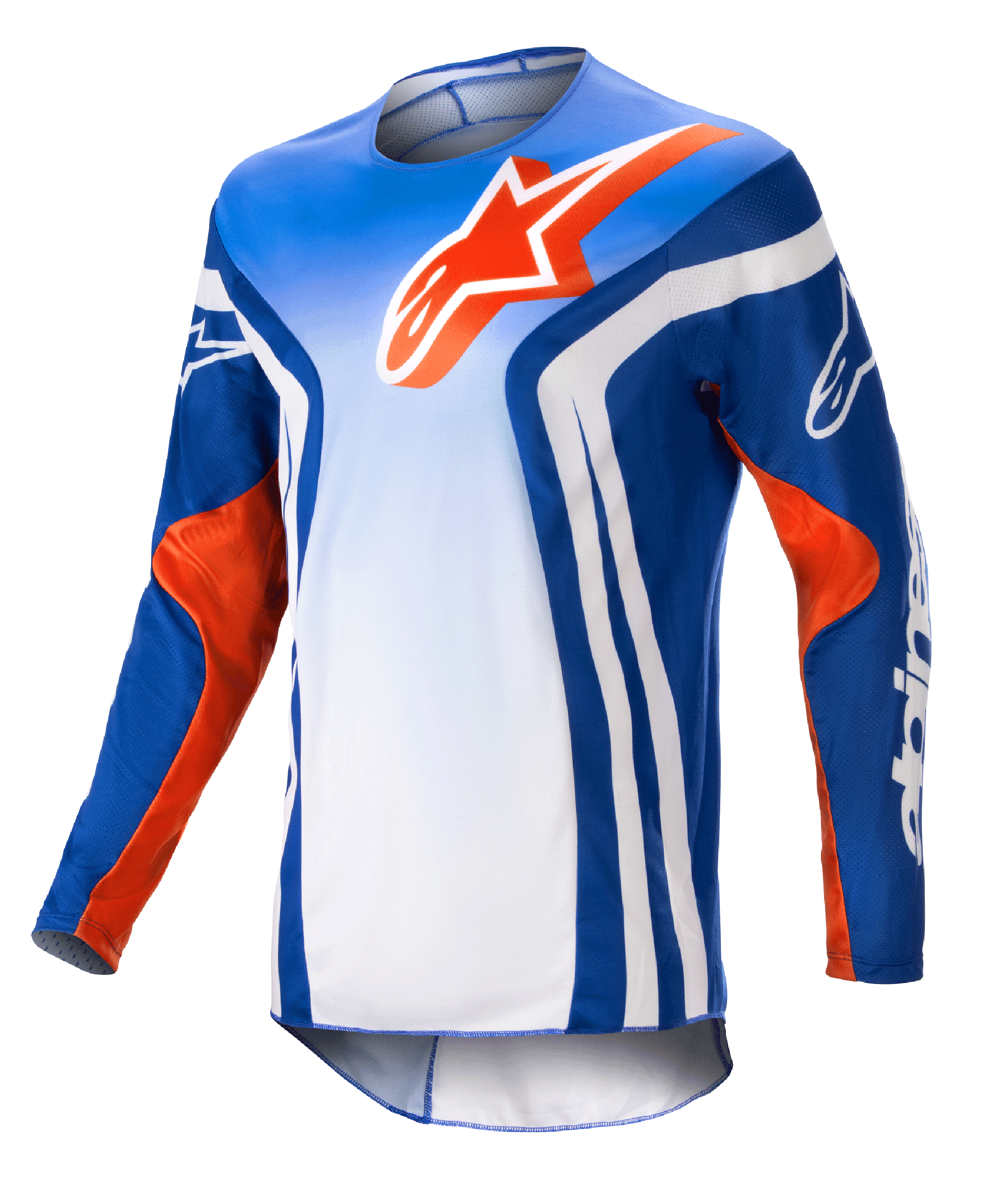 Alpinestars Racer Semi Jersey 2023, maillot de motocross à manches longues, dégradé bleu et blanc avec accents orange vif, grand logo Alpinestars orange sur la poitrine, larges bandes verticales blanches sur les côtés, tissu léger évacuant l'humidité pour le tout-terrain