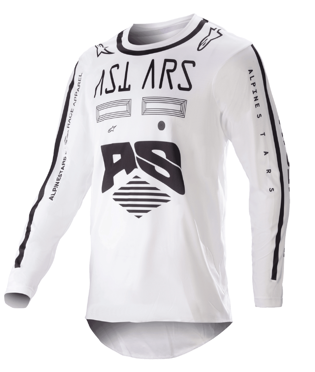 Alpinestars 2023 Racer Found Jersey, Motocross Jersey, White and Black, bold black graphics and branding on chest and sleeves, lightweight performance fabric with a black collar, off-road racing apparel