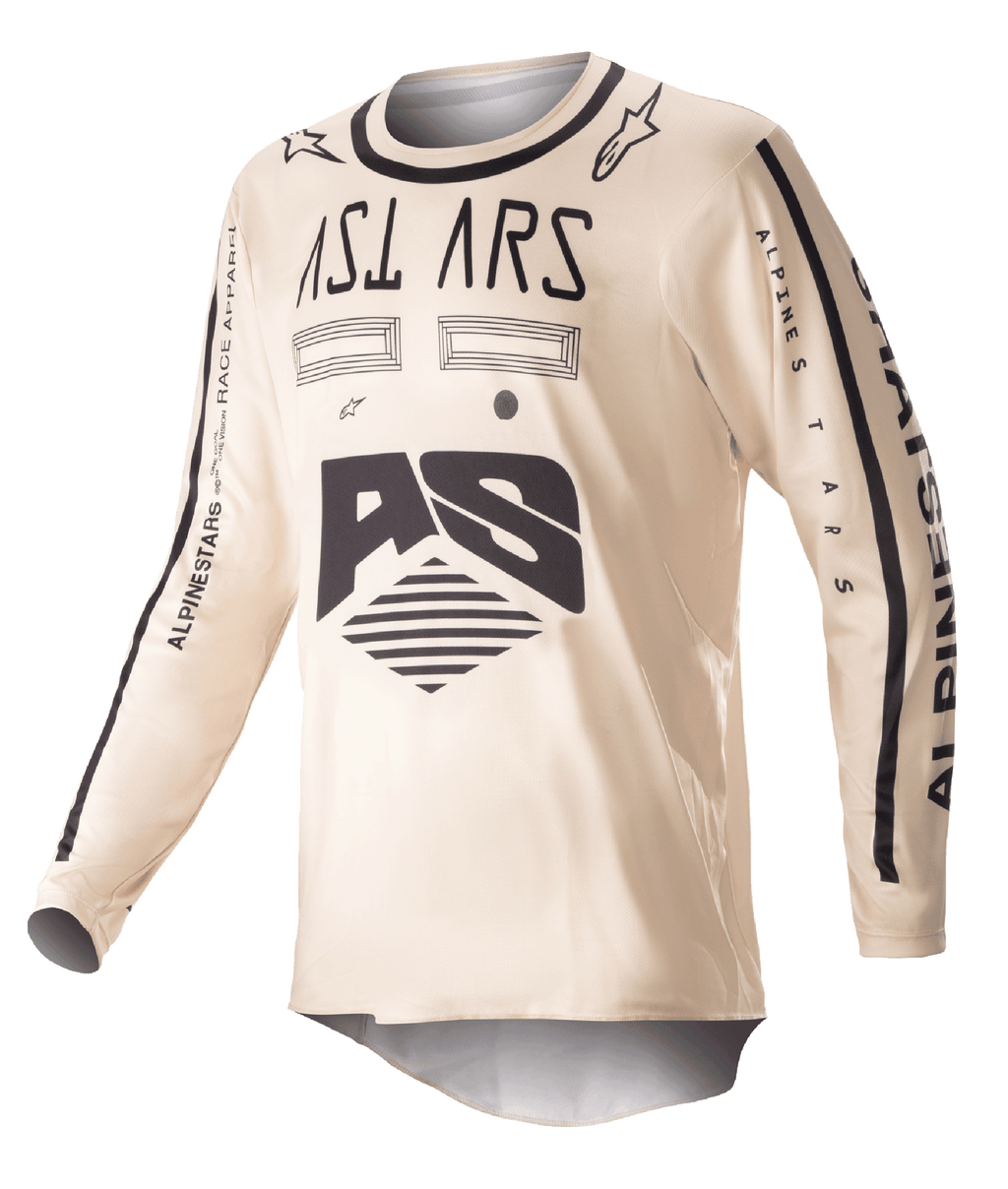 Alpinestars 2023 Racer Found Jersey, maillot de motocross, beige avec graphismes noirs, équipement de performance tout-terrain à manches longues, avec logo AS et marquage sur les manches