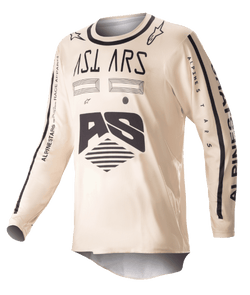 Alpinestars 2023 Racer Found Jersey, maillot de motocross, beige avec graphismes noirs, équipement de performance tout-terrain à manches longues, avec logo AS et marquage sur les manches