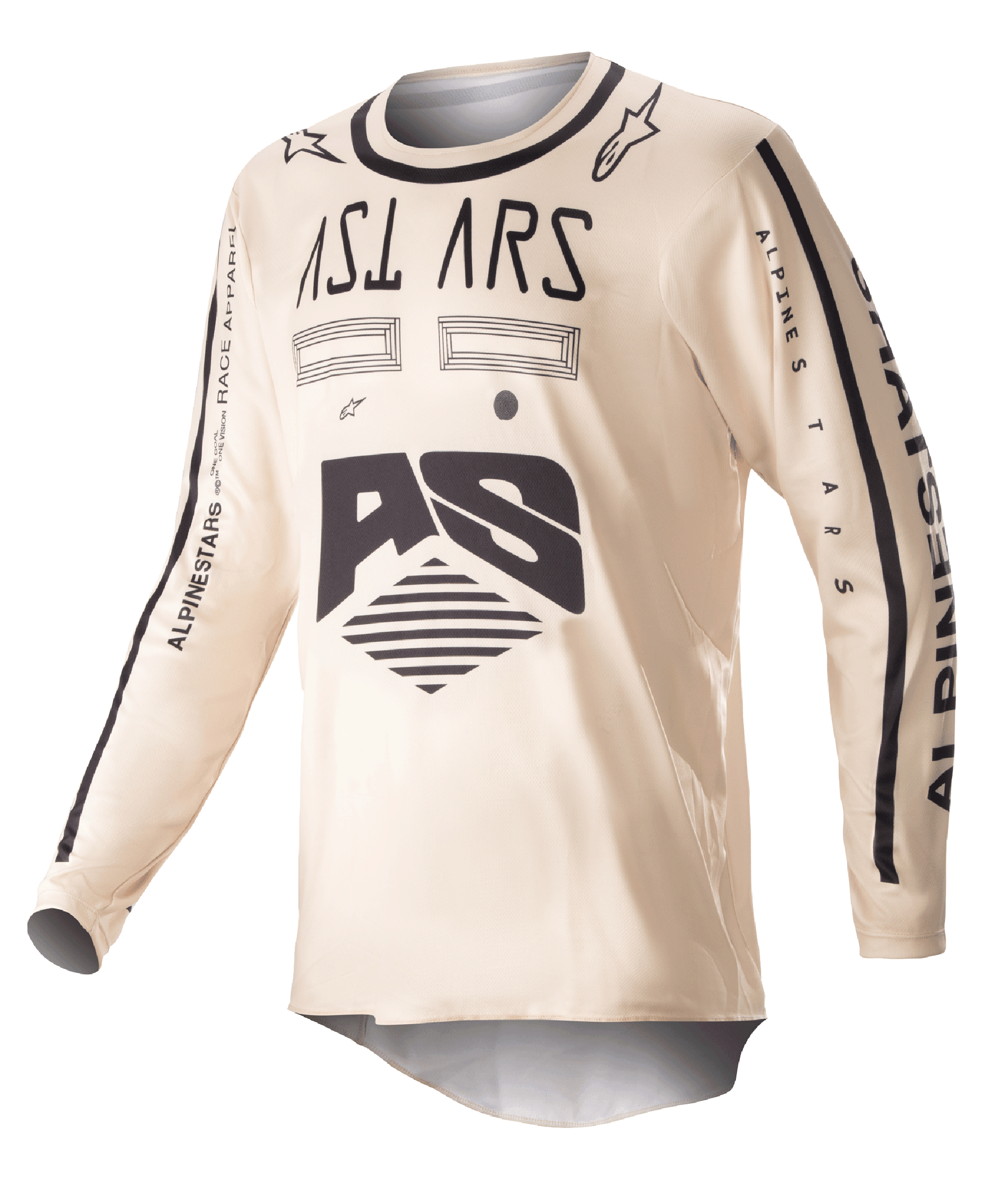 Alpinestars 2023 Racer Found Jersey, Motocross Jersey, Beige with black graphics, long sleeve off-road performance gear, featuring AS logo and branding on sleeves